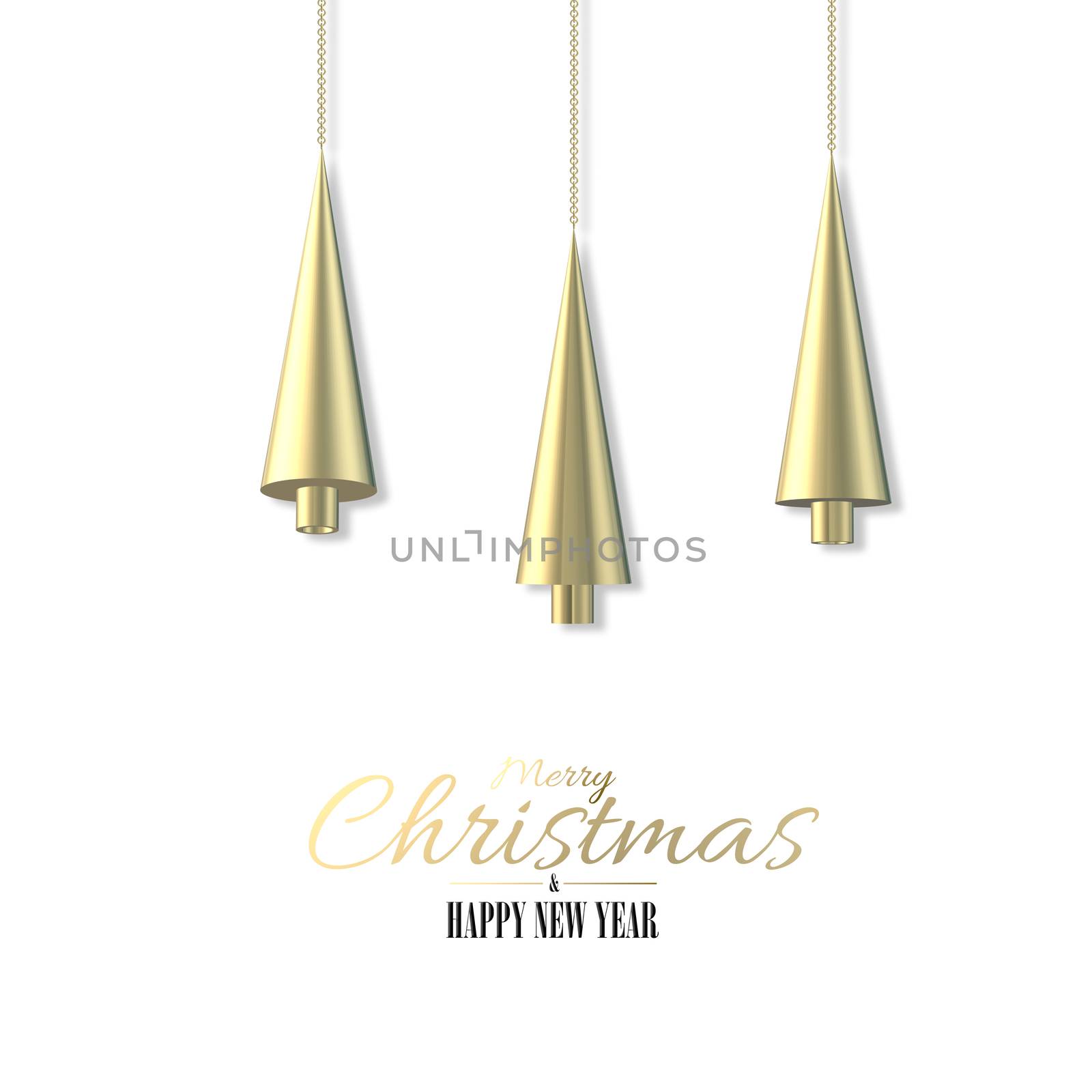 3D abstract Christmas card on white. 3D white hanging Xmas trees on white background. Golden Text Merry Christmas Happy New Year. Holiday Xmas card in 3D illustration