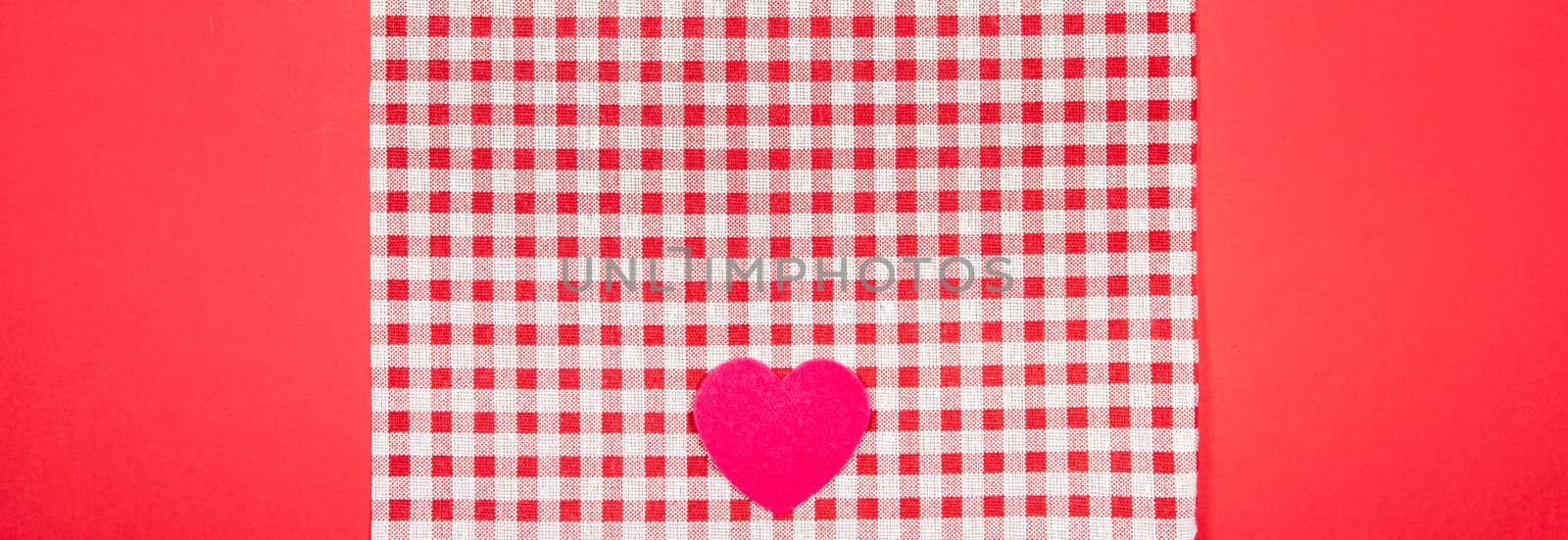 banner with a red and white Vichy fabric background for Valentine's Day with pink hearts. valentines day concept.