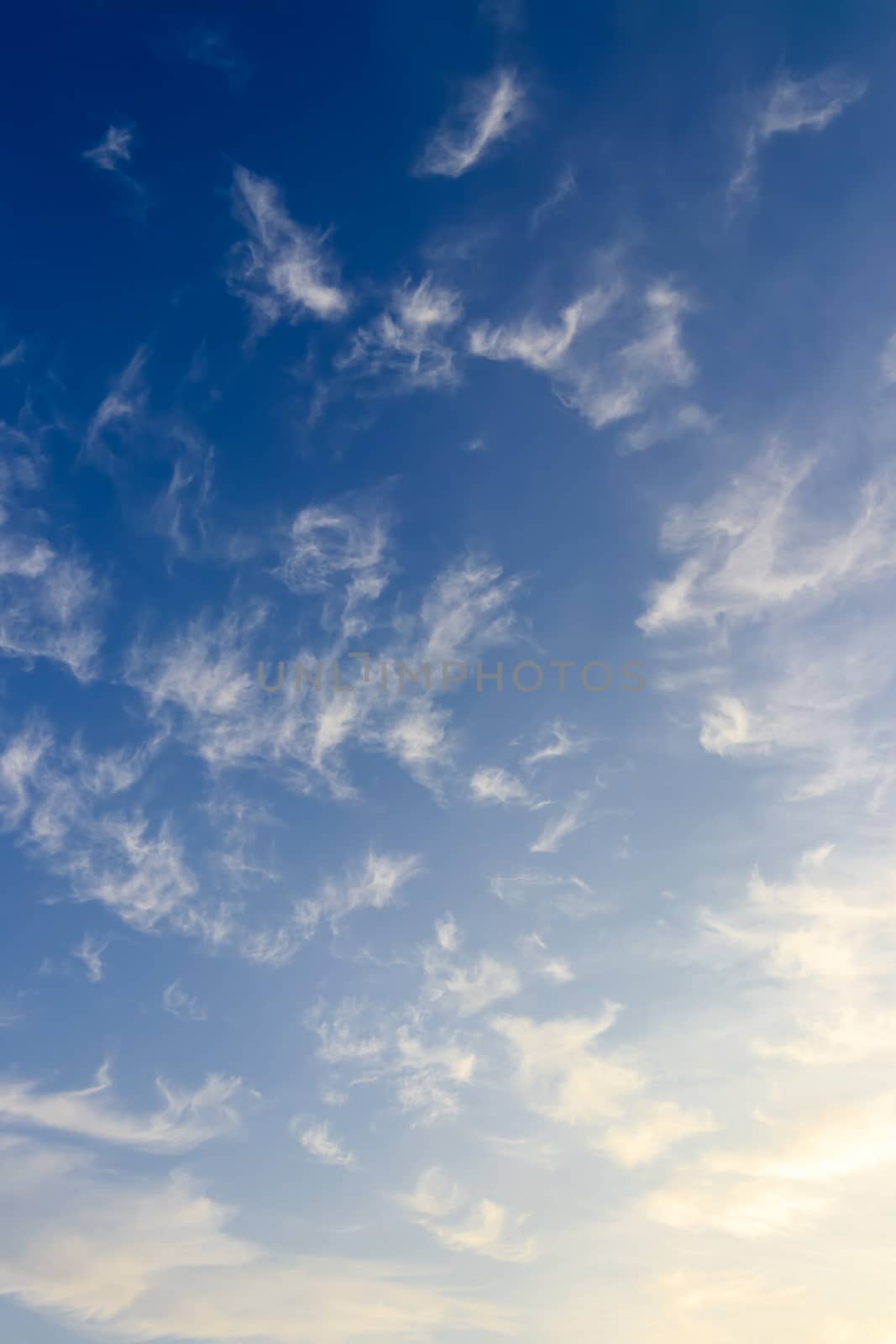 Bright blue sky with feather clouds lit by the daytime sun. Abstract background.