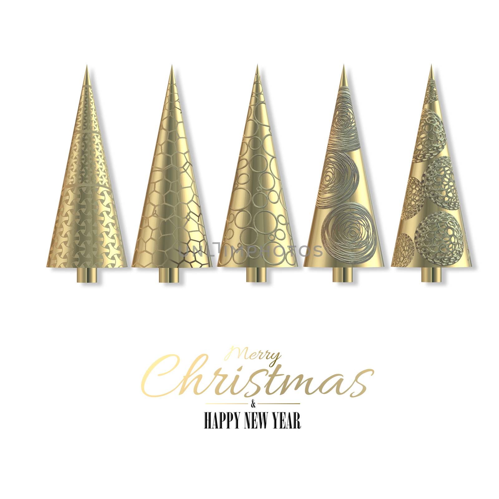 3D modern Christmas card on white. 3D gold Xmas trees with pattern on white background. 3D illustration. Golden text Merry Christmas Happy New Year