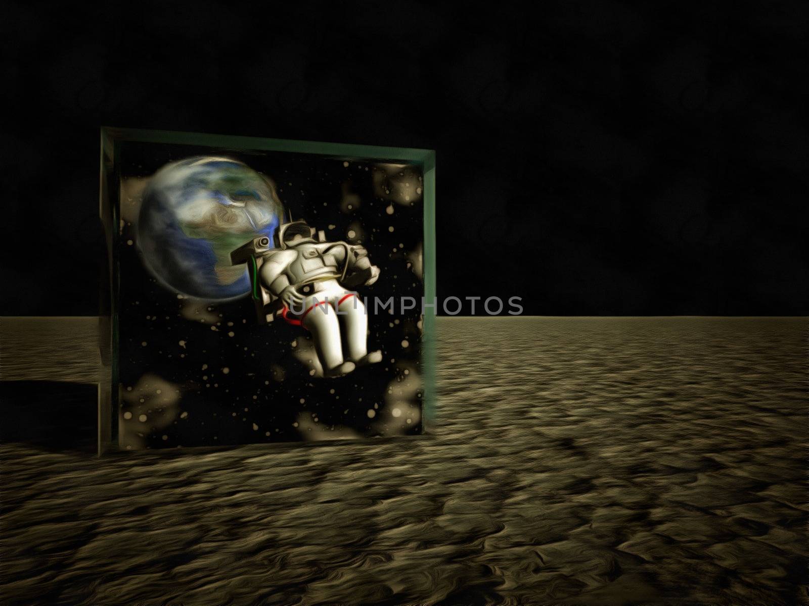 Astronaut in hypercube. 3D rendering