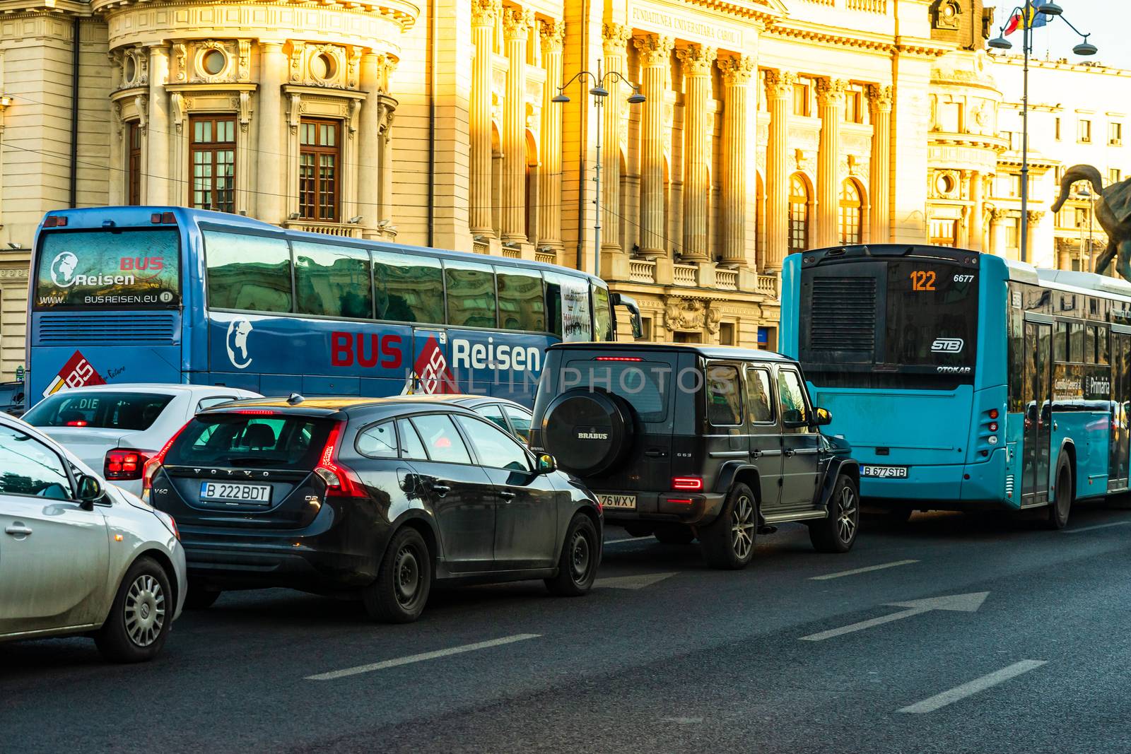 Car traffic at rush hour in downtown area of the city. Car pollution, traffic jam in the morning and evening in the capital city of Bucharest, Romania, 2020