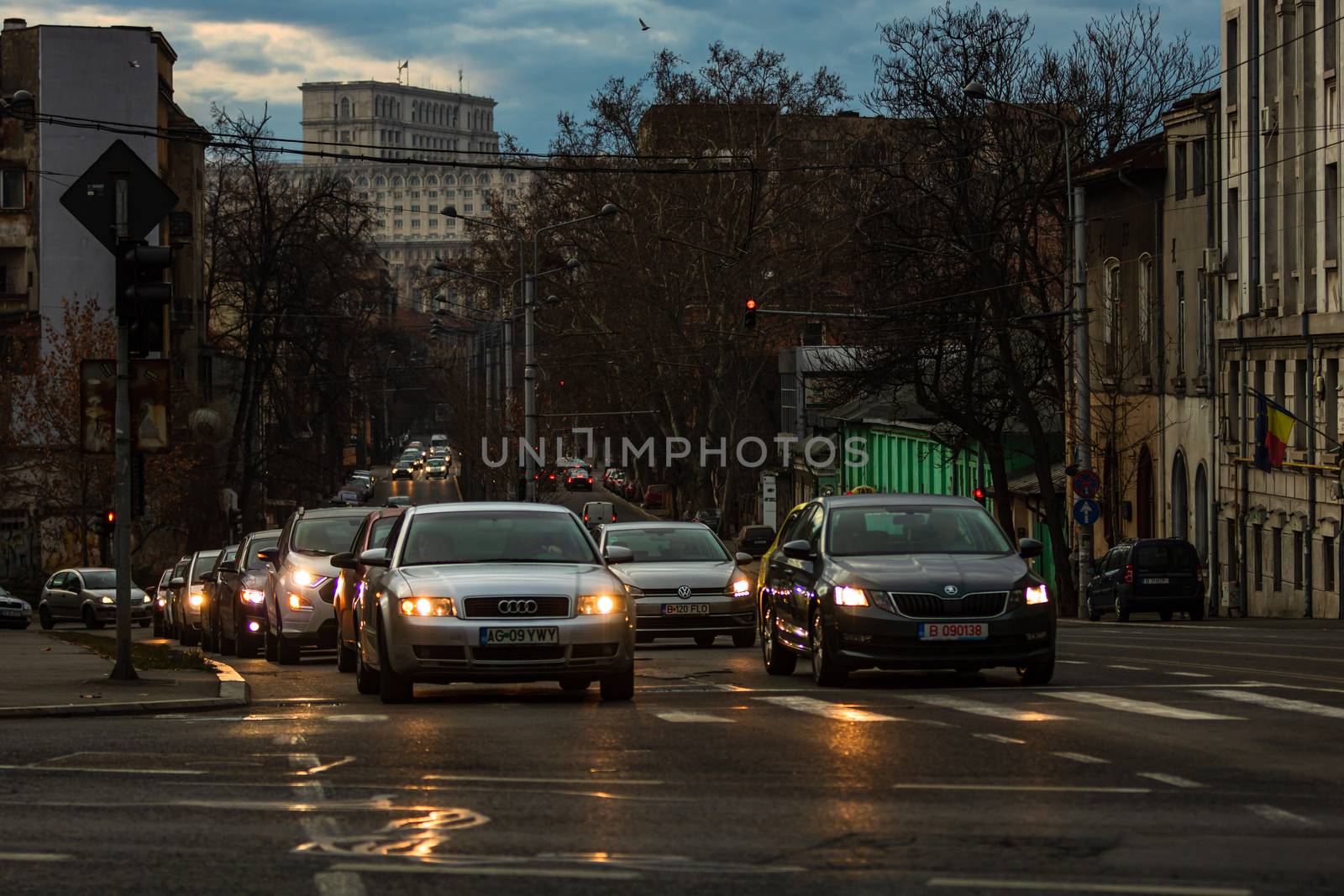 Car traffic at rush hour in downtown area of the city. Car pollution, traffic jam in the morning and evening in the capital city of Bucharest, Romania, 2020