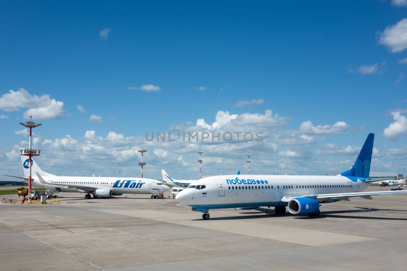 July 2, 2019, Moscow, Russia. Airplane Boeing Boeing 737-800 Pobeda airline at Vnukovo airport in Moscow.