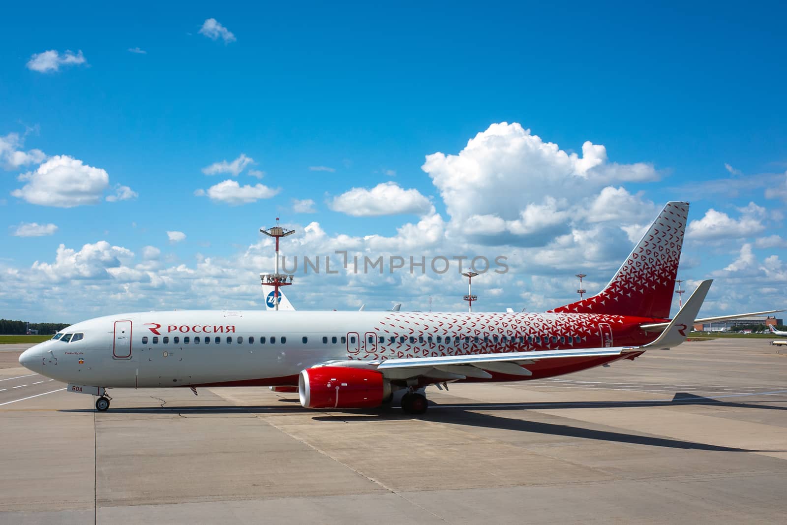 July 2, 2019, Moscow, Russia. Airplane Boeing 737-800 Rossiya - Russian Airlines at Vnukovo airport in Moscow.