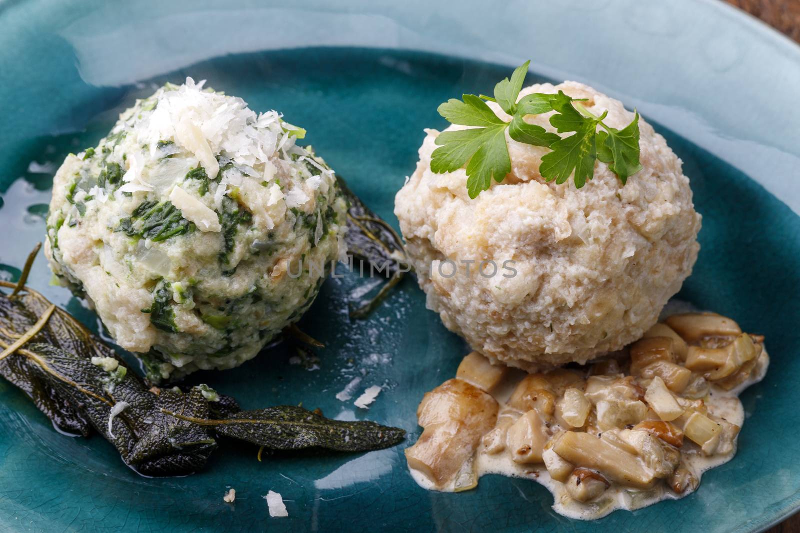 mixed bavarian dumplings on wood