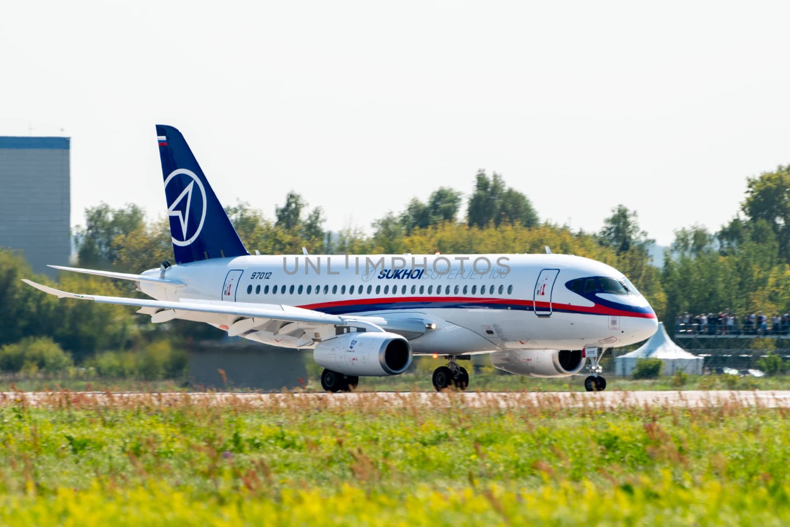 August 30, 2019. Zhukovsky, Russia. Russian short-range narrow-body passenger aircraft  Sukhoi Superjet 100 at the International Aviation and Space Salon MAKS 2019.