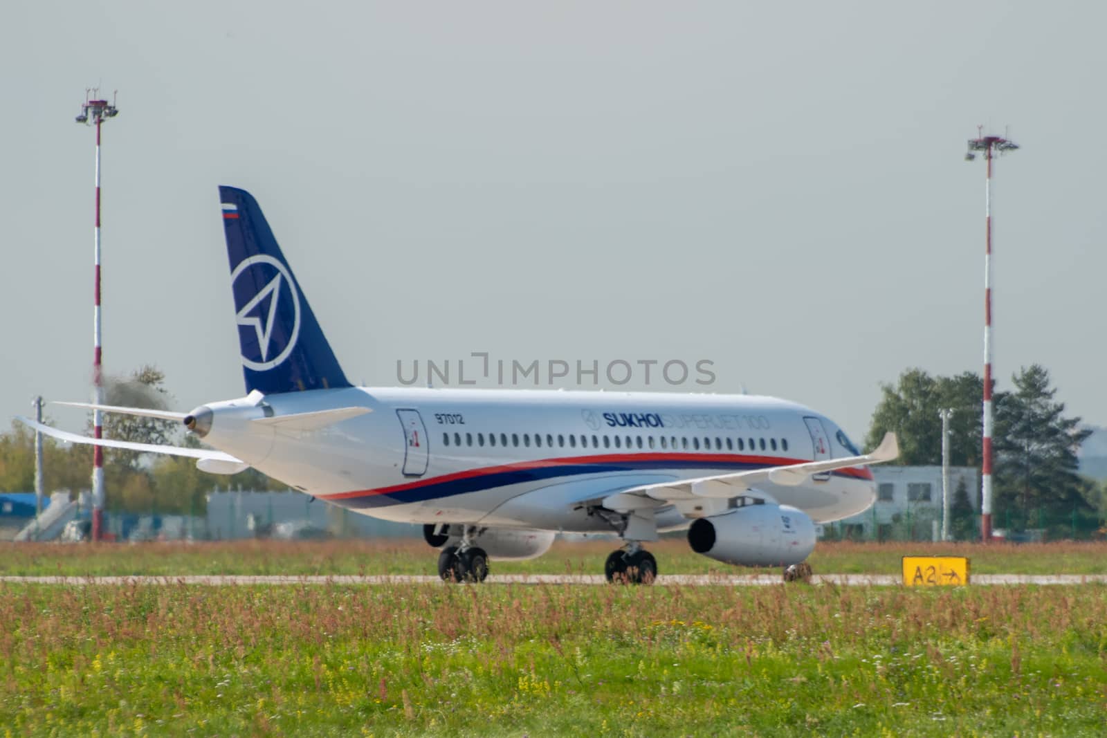 August 30, 2019. Zhukovsky, Russia. Russian short-range narrow-body passenger aircraft  Sukhoi Superjet 100 at the International Aviation and Space Salon MAKS 2019.