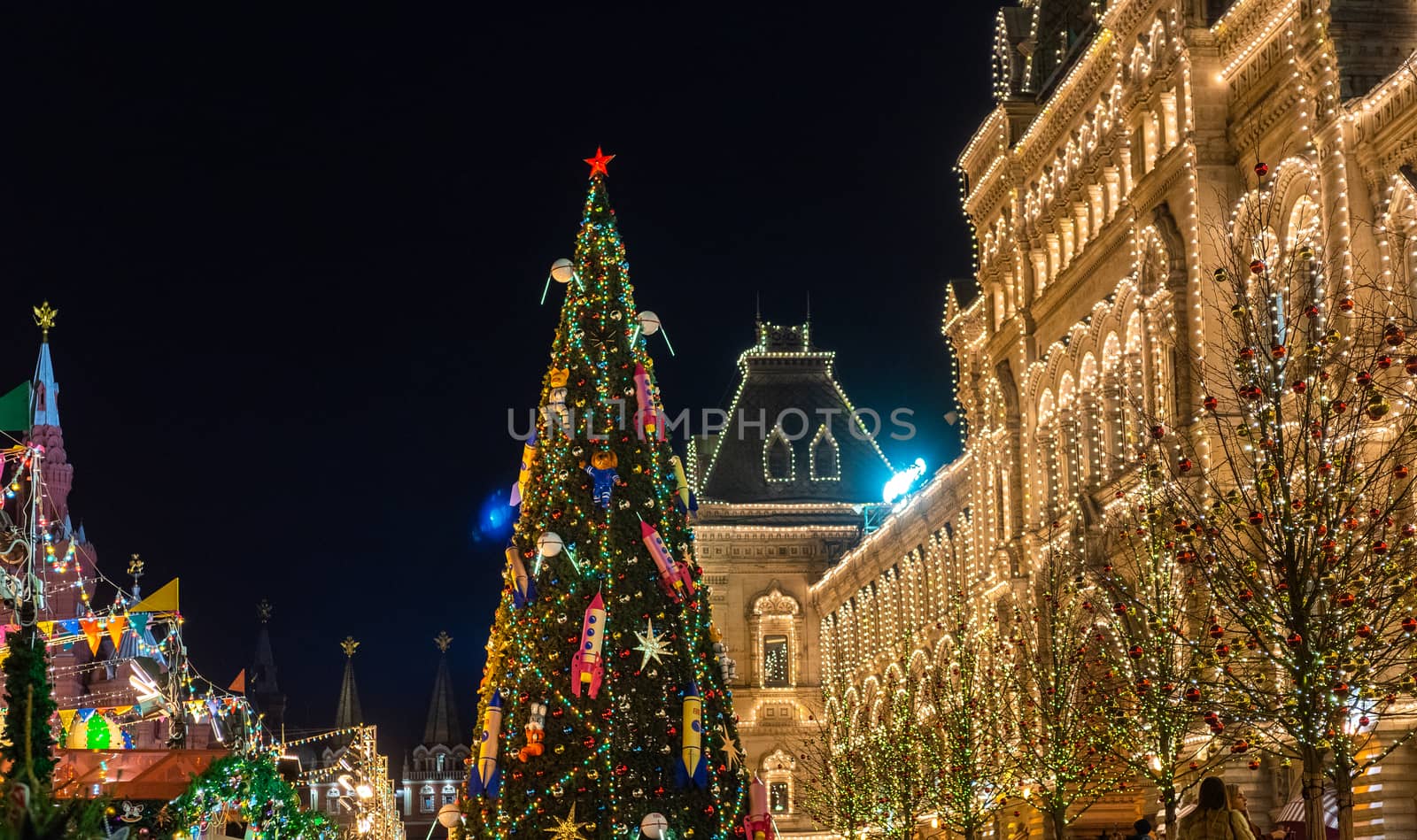 December 20, 2019. Moscow, Russia. Decorated Christmas tree on red square in front of the Gum building in Moscow at night.
