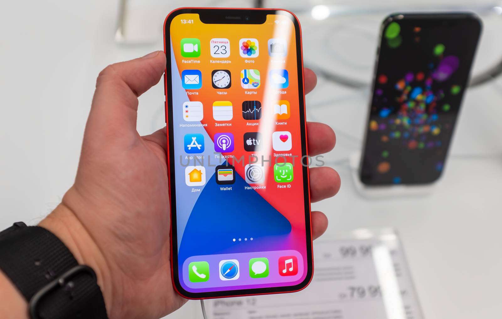 October 23, 2020, Moscow, Russia. New smartphone from Apple Iphone 12 on the counter of the store.