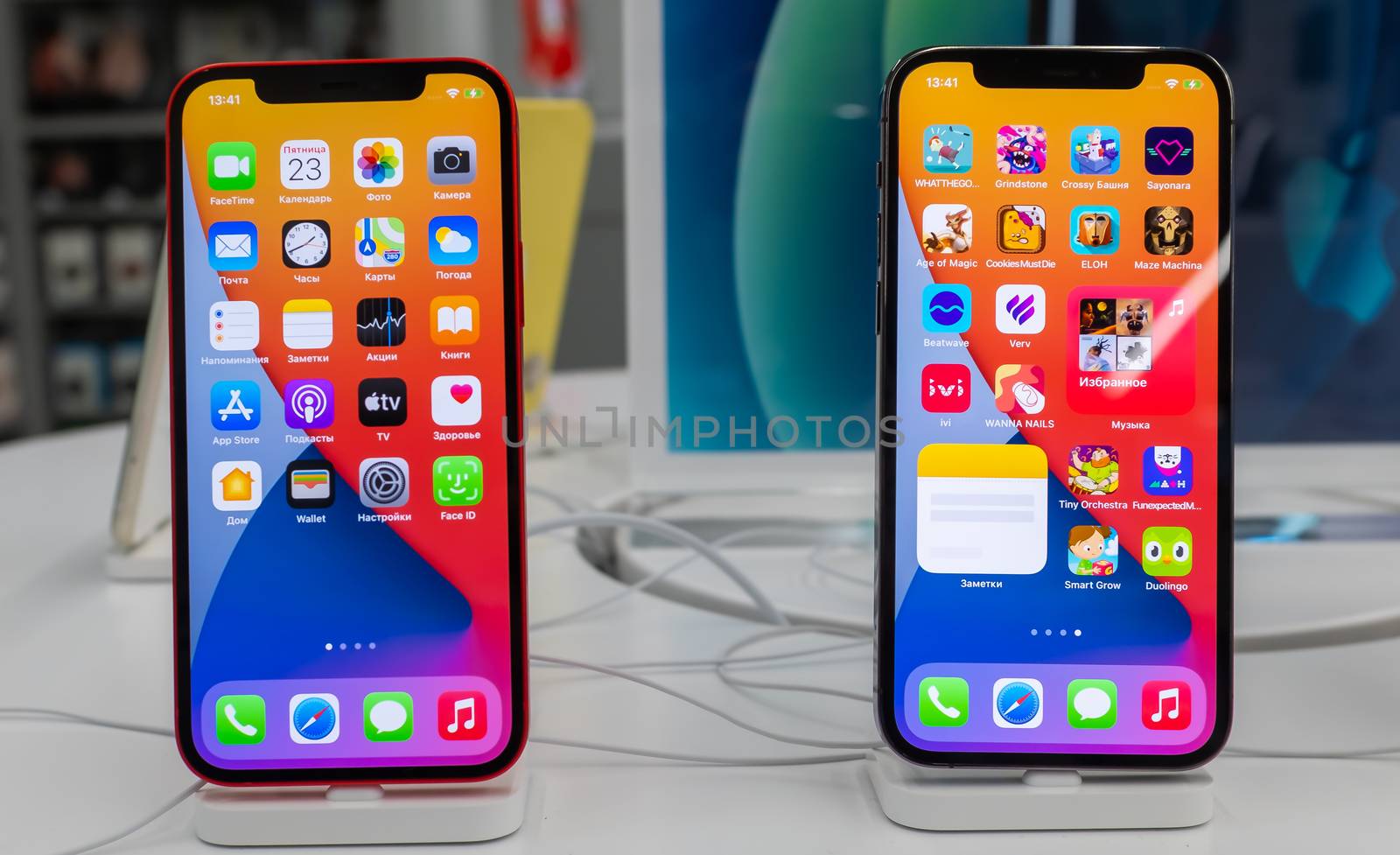 October 23, 2020, Moscow, Russia. New smartphones from the Apple Iphone 12 and Iphone 12 pro on the store counter.