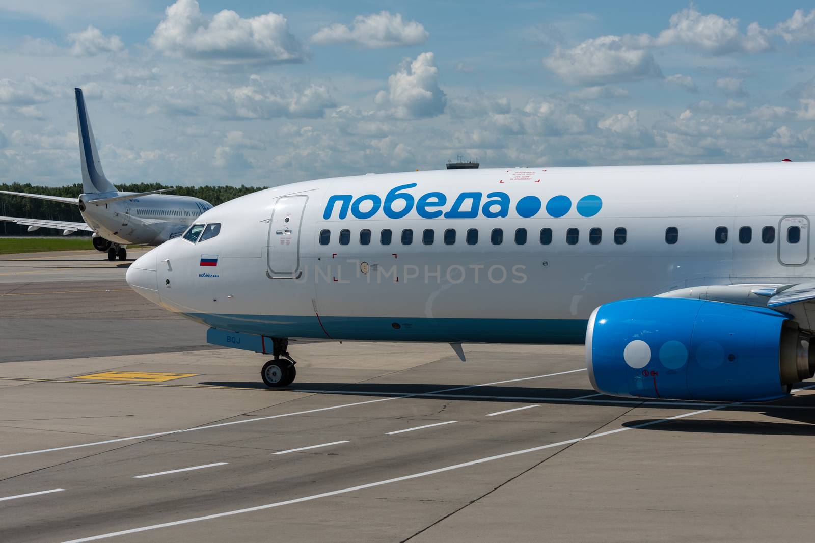 July 2, 2019, Moscow, Russia. Airplane Boeing Boeing 737-800 Pobeda airline at Vnukovo airport in Moscow.