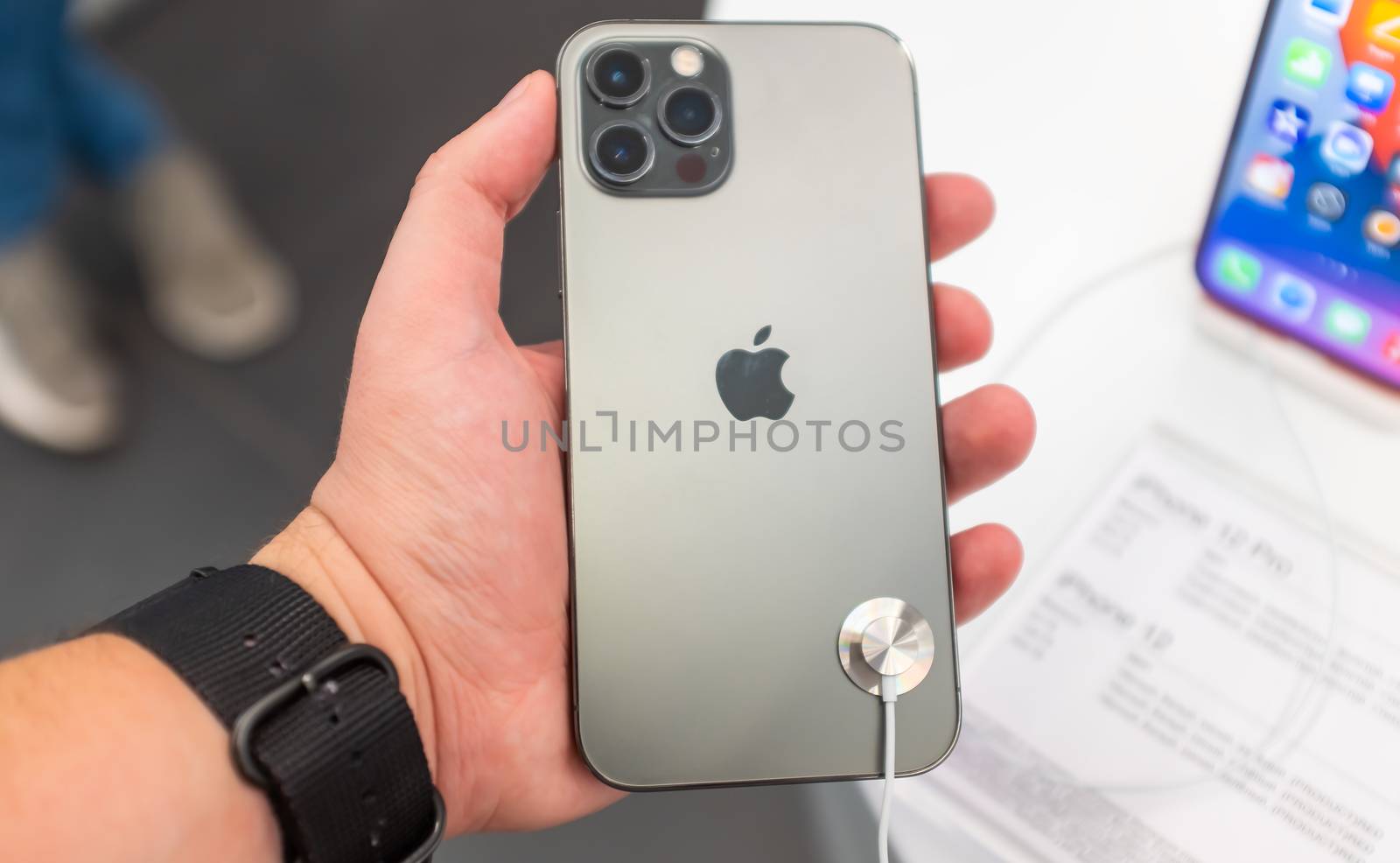 October 23, 2020, Moscow, Russia. New smartphone from Apple Iphone 12 pro on the counter of the store.
