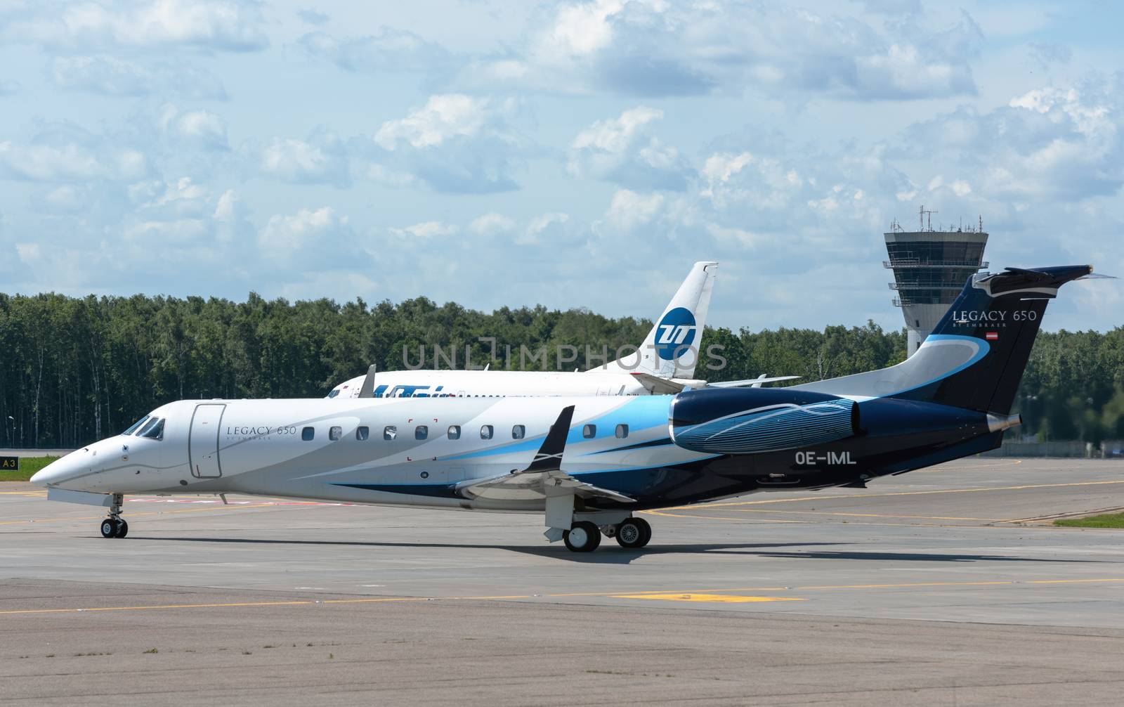 July 2, 2019, Moscow, Russia. Airplane Embraer ERJ-135 Avcon Jet at Vnukovo airport in Moscow.