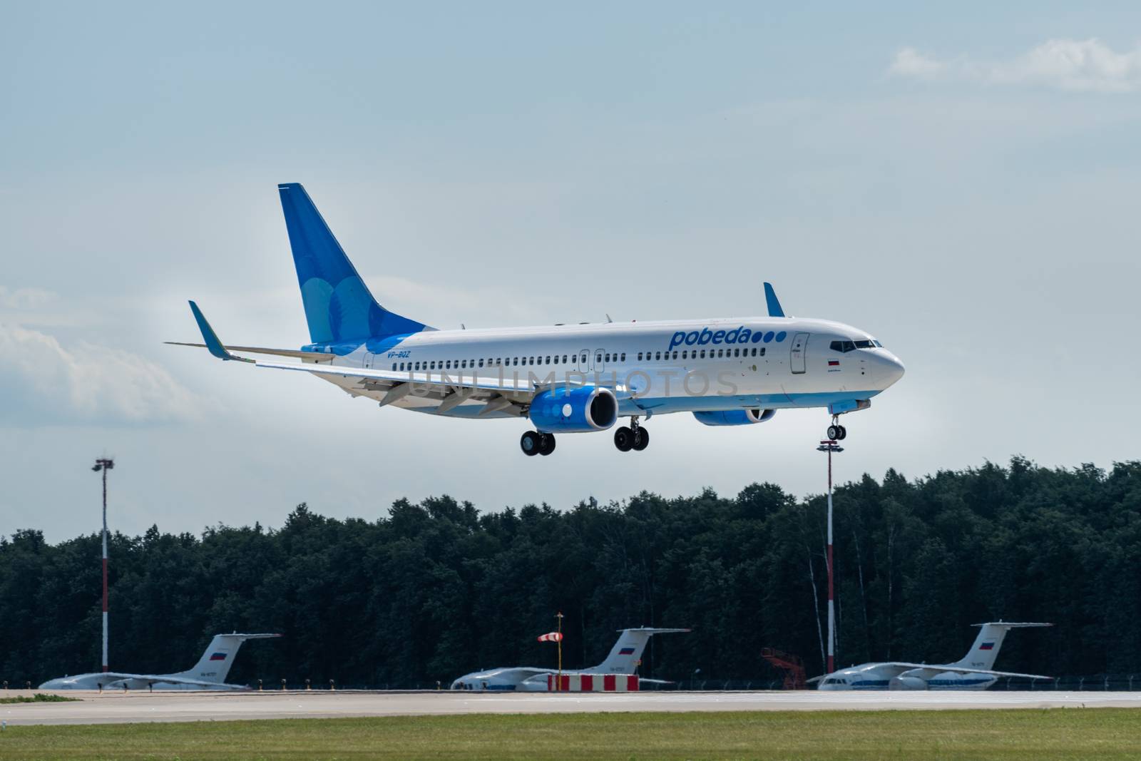 July 2, 2019, Moscow, Russia. Airplane Boeing Boeing 737-800 Pobeda airline at Vnukovo airport in Moscow.