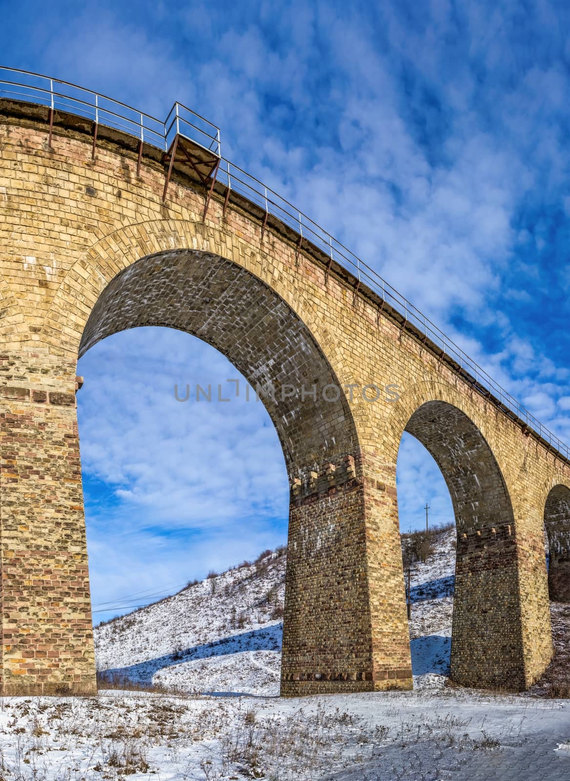 Plebanivka, Ukraine 01.06.2020. Viaduct in Plebanivka village, Terebovlyanskiy district of Ukraine, on a sunny winter day