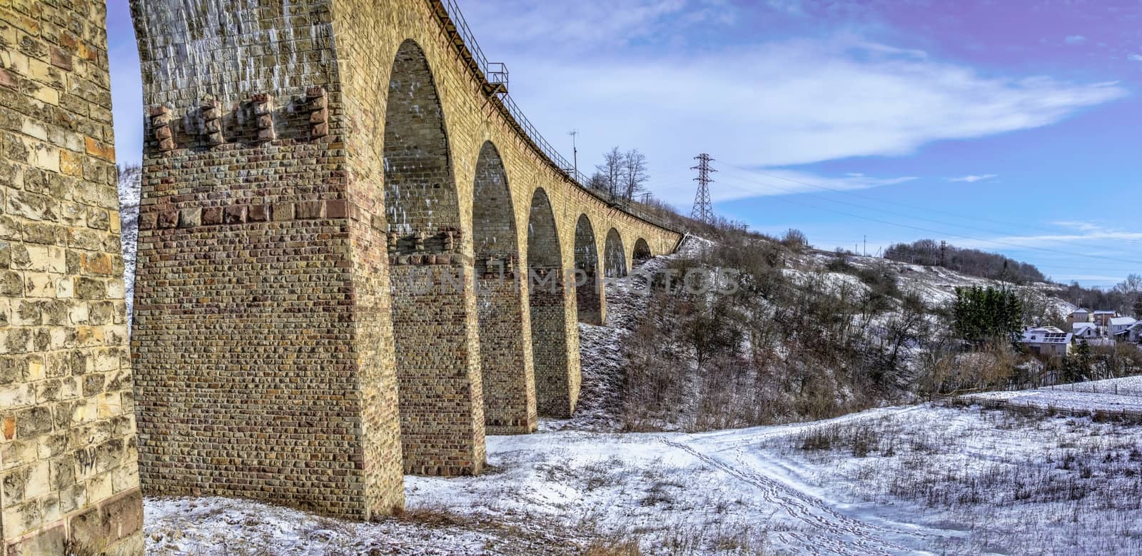 Plebanivka, Ukraine 01.06.2020. Viaduct in Plebanivka village, Terebovlyanskiy district of Ukraine, on a sunny winter day