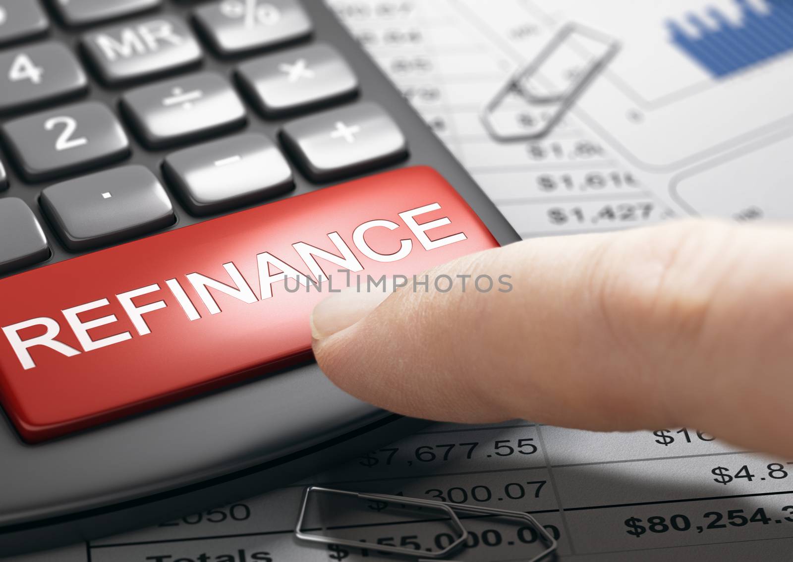 Finger about to press a red button on a conceptual refinance calculator. Concept of bad credit repair. Composite image between a hand photography and a 3D background.