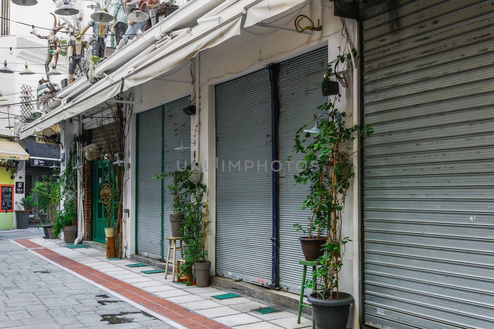 Day view of empty restaurants at Bezesteni area, due to lockdown covid-19 measures.
