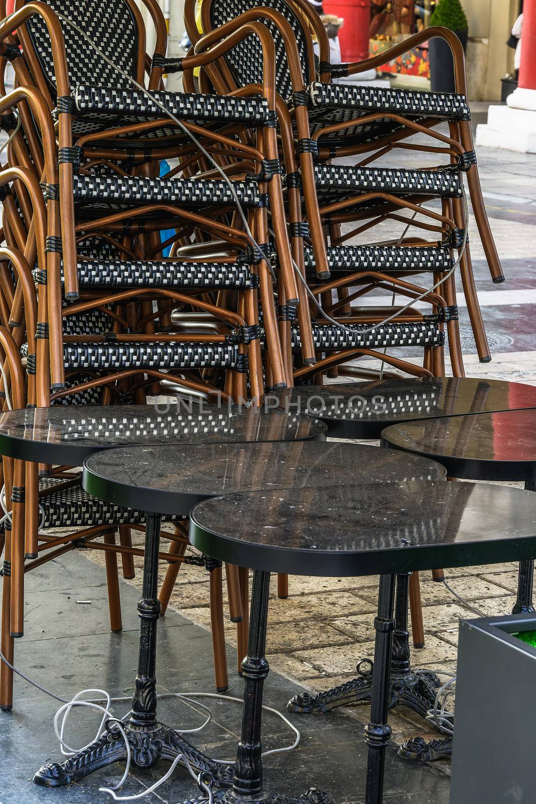 Closed bar restaurants chairs at Aristotelous square in Thessaloniki, after government tries to prevent COVID-19.
