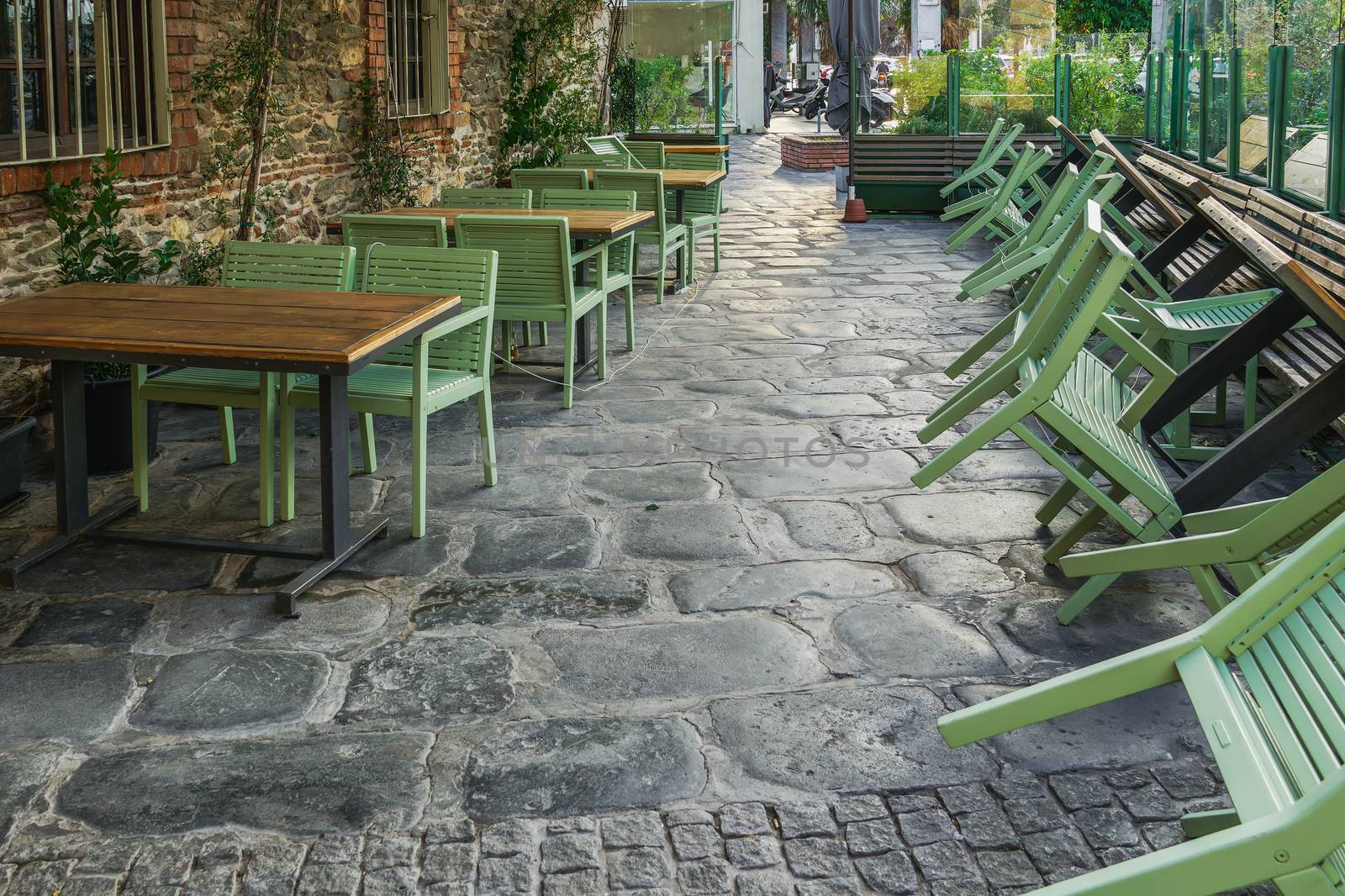 Closed bar restaurants chairs at the city center in Thessaloniki, after government tries to prevent COVID-19.