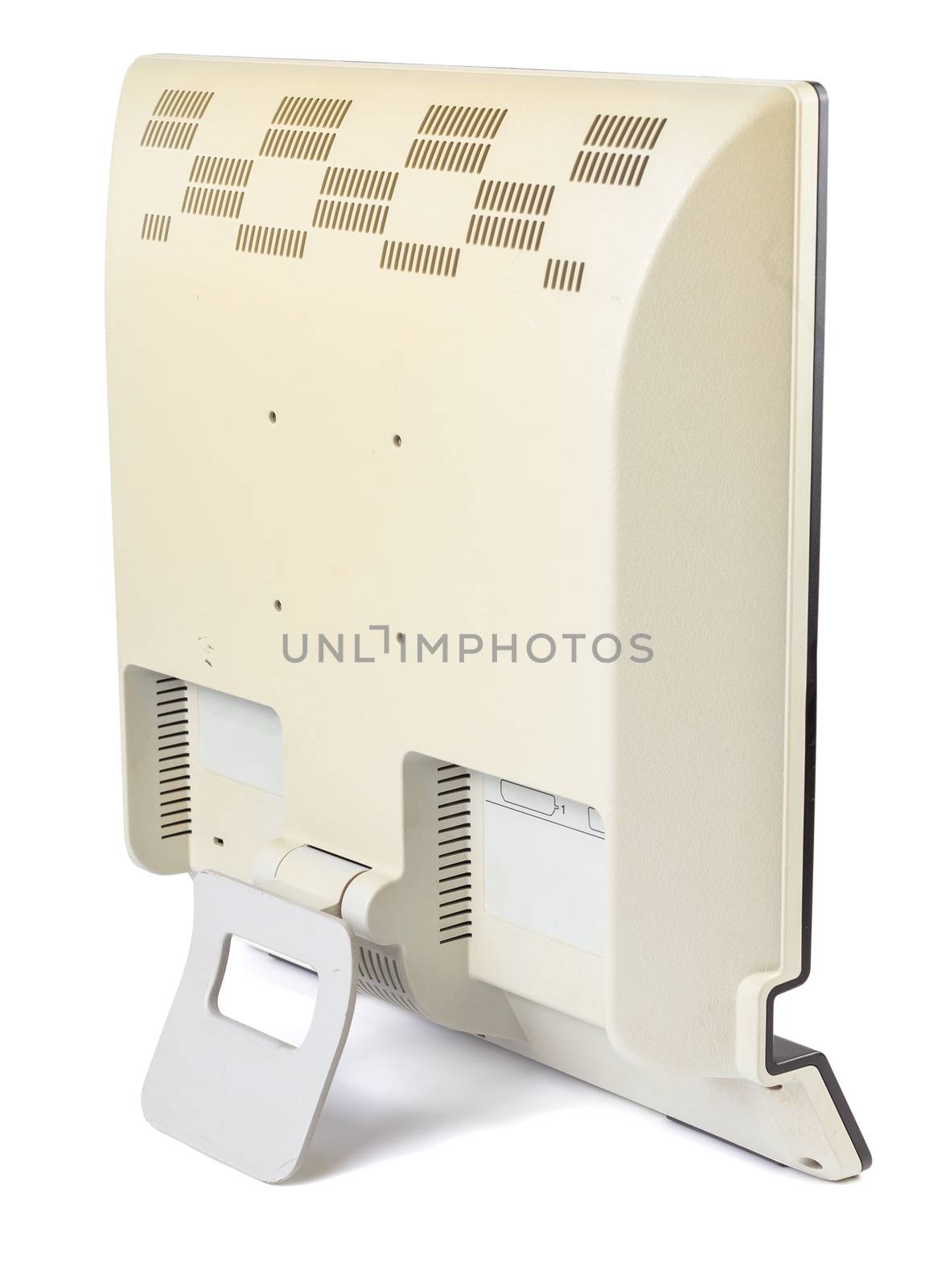 back side of white flat TN LCD monitor isolated on white background.