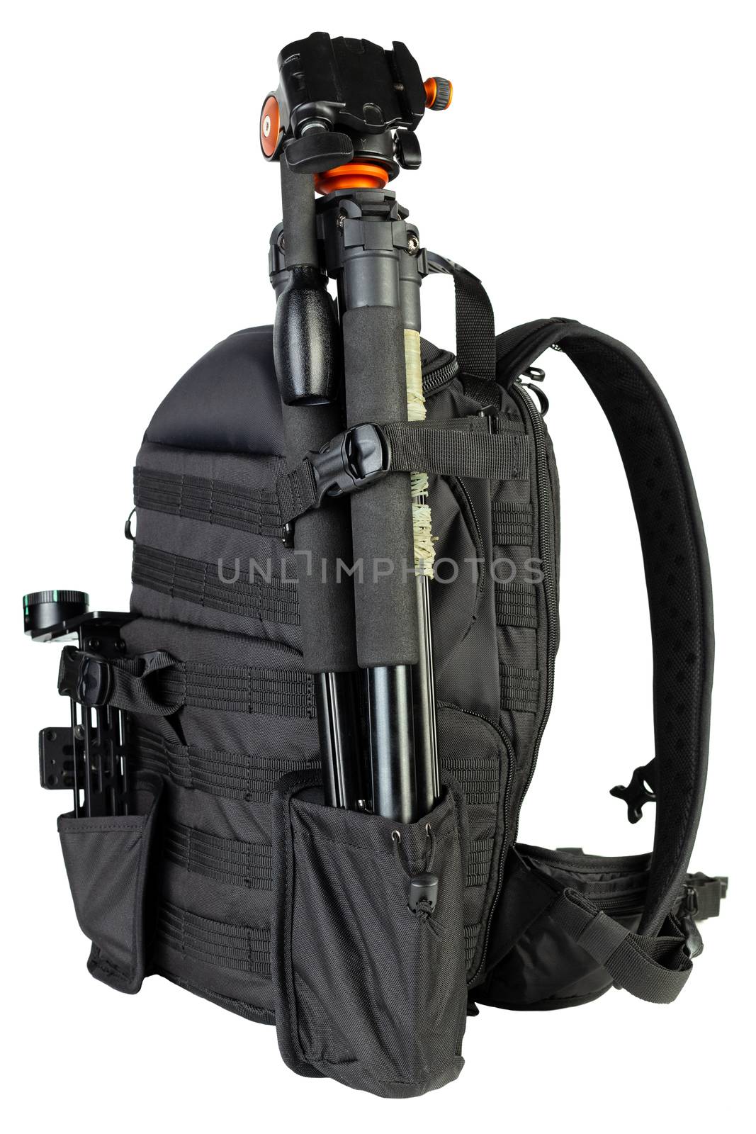 Black professional tactical molle black photo backpack with tripod and panoramic head isolated on white background.