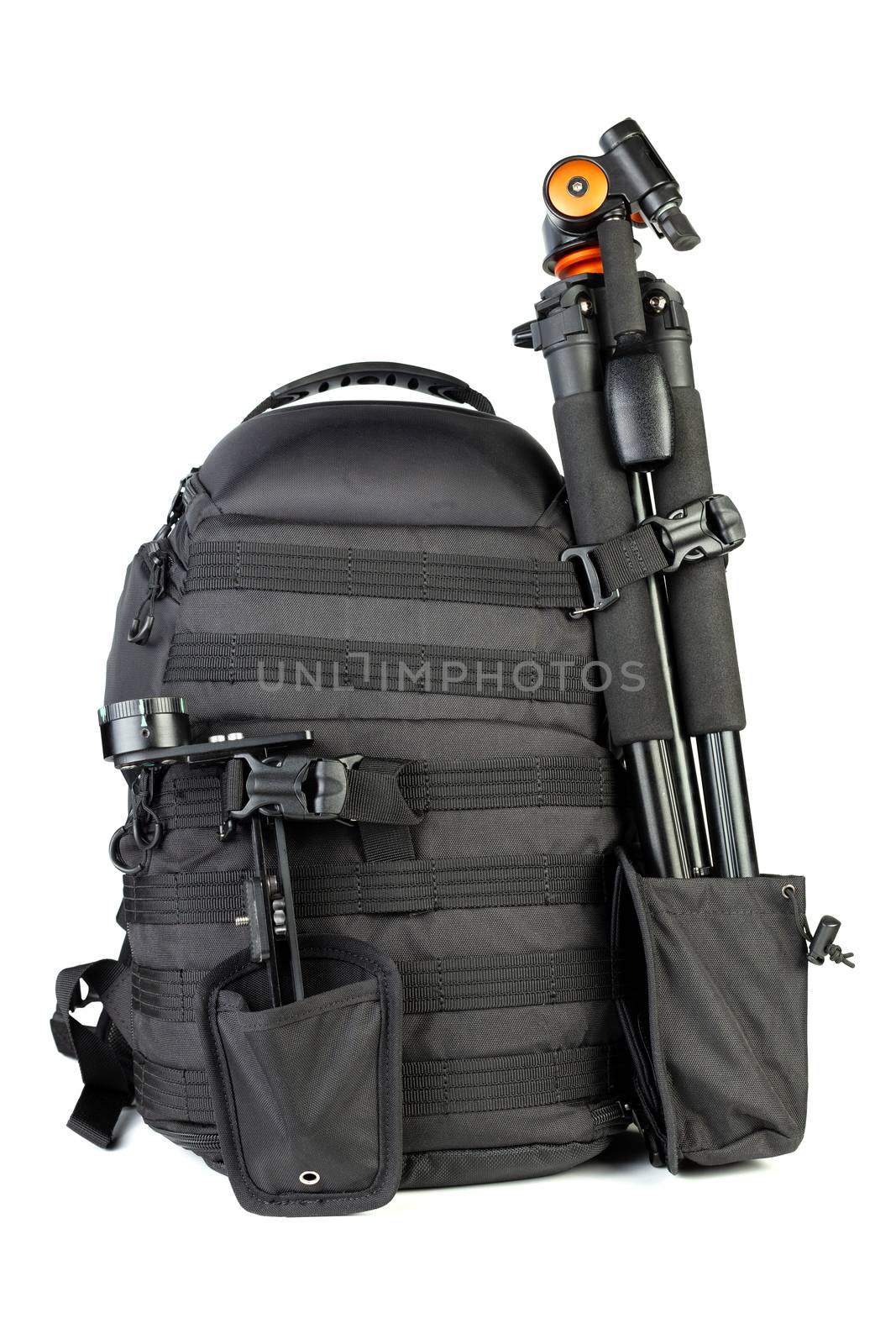 Black professional tactical molle black photo backpack with tripod and panoramic head isolated on white background.