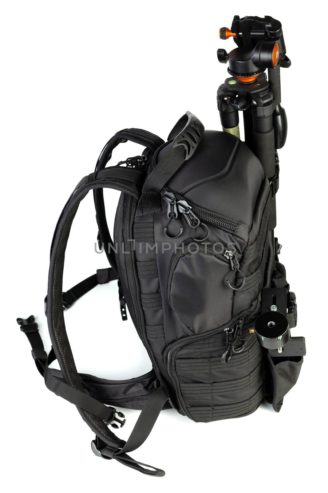 Black professional tactical molle black photo backpack with tripod and panoramic head isolated on white background.
