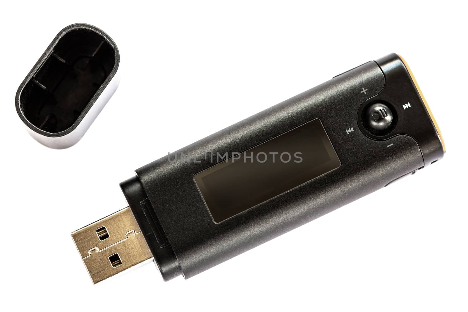 old black flash mp3 player with cap isolated on white background without anything else
