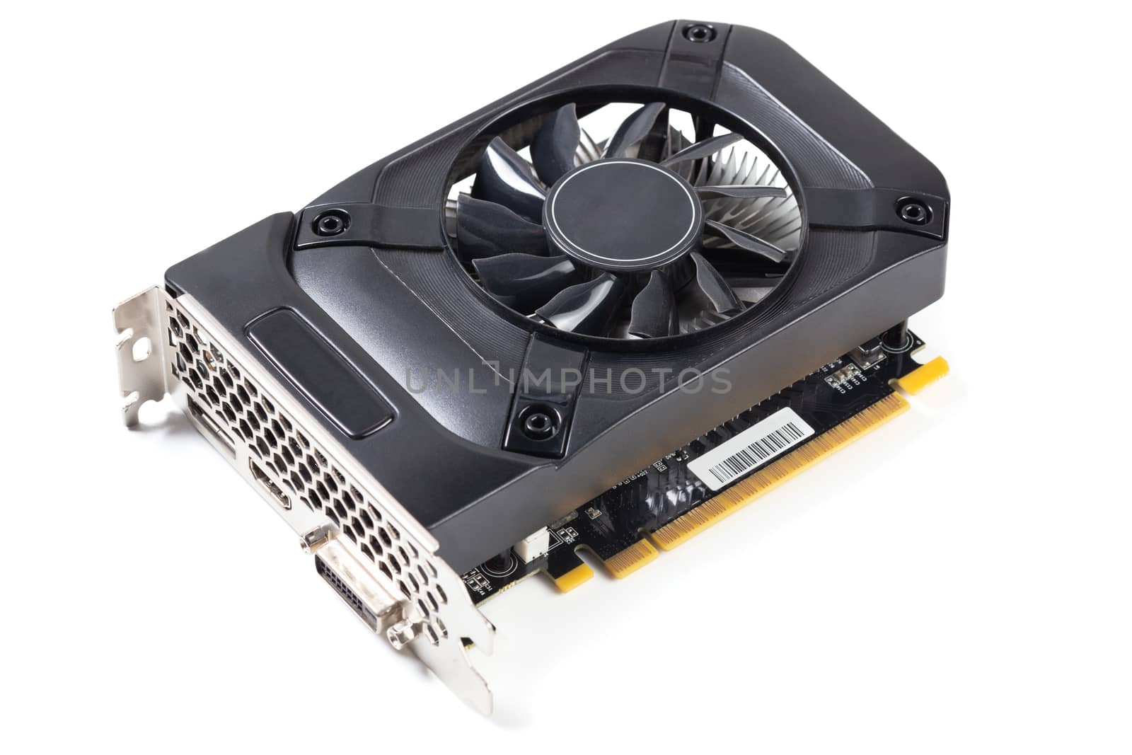One small black PC video card isolated on white background with selective focus.