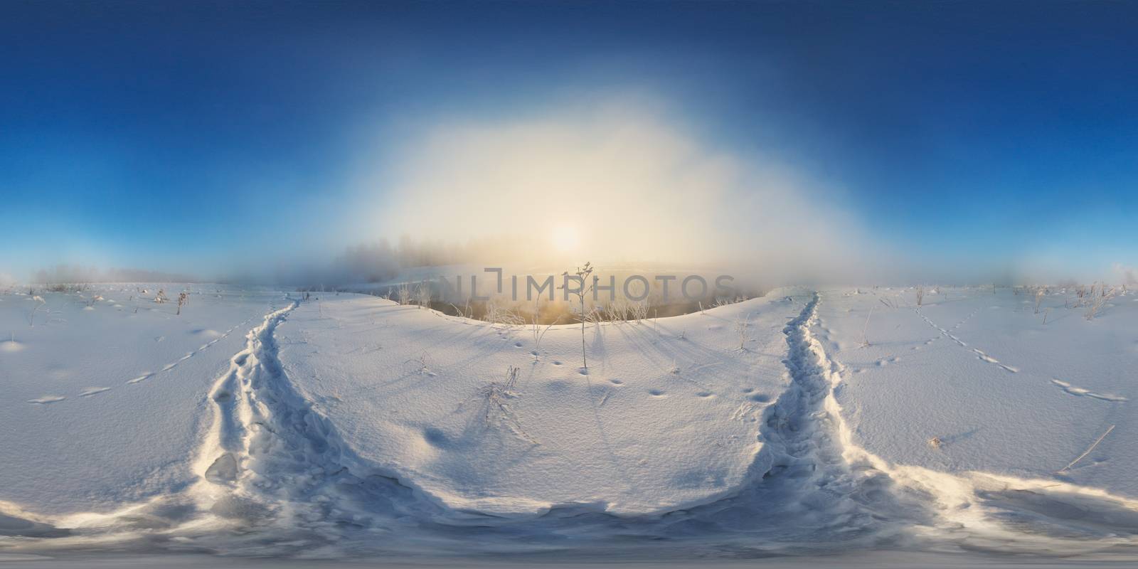 winter morning fog on river full spherical 360 degree panorama in equirectangular projection