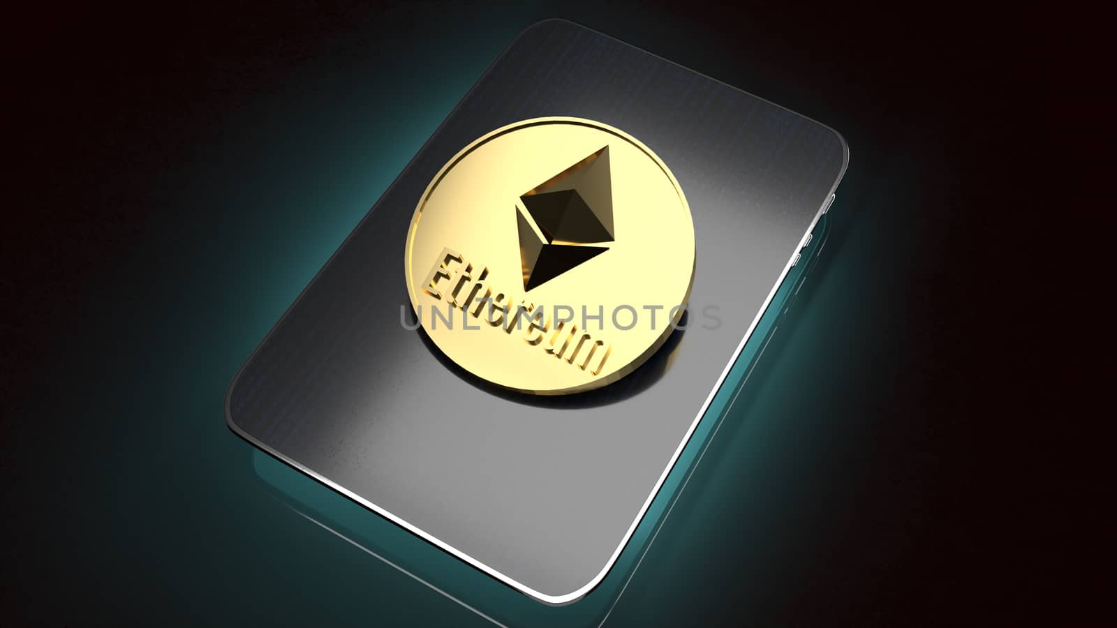 Ethereum coins on tablet for business content 3d rendering.