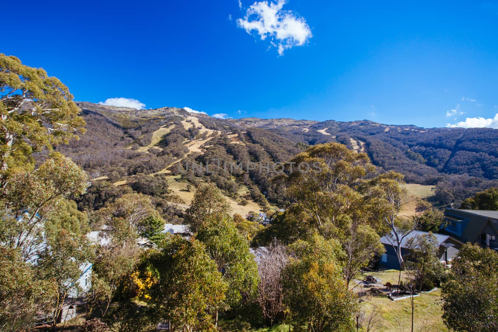 Thredbo, Australia - April 11, 2015: A view of Thredbo ski resort on a clear day in autumn in the Snowy Mountains, New South Wales, Australia