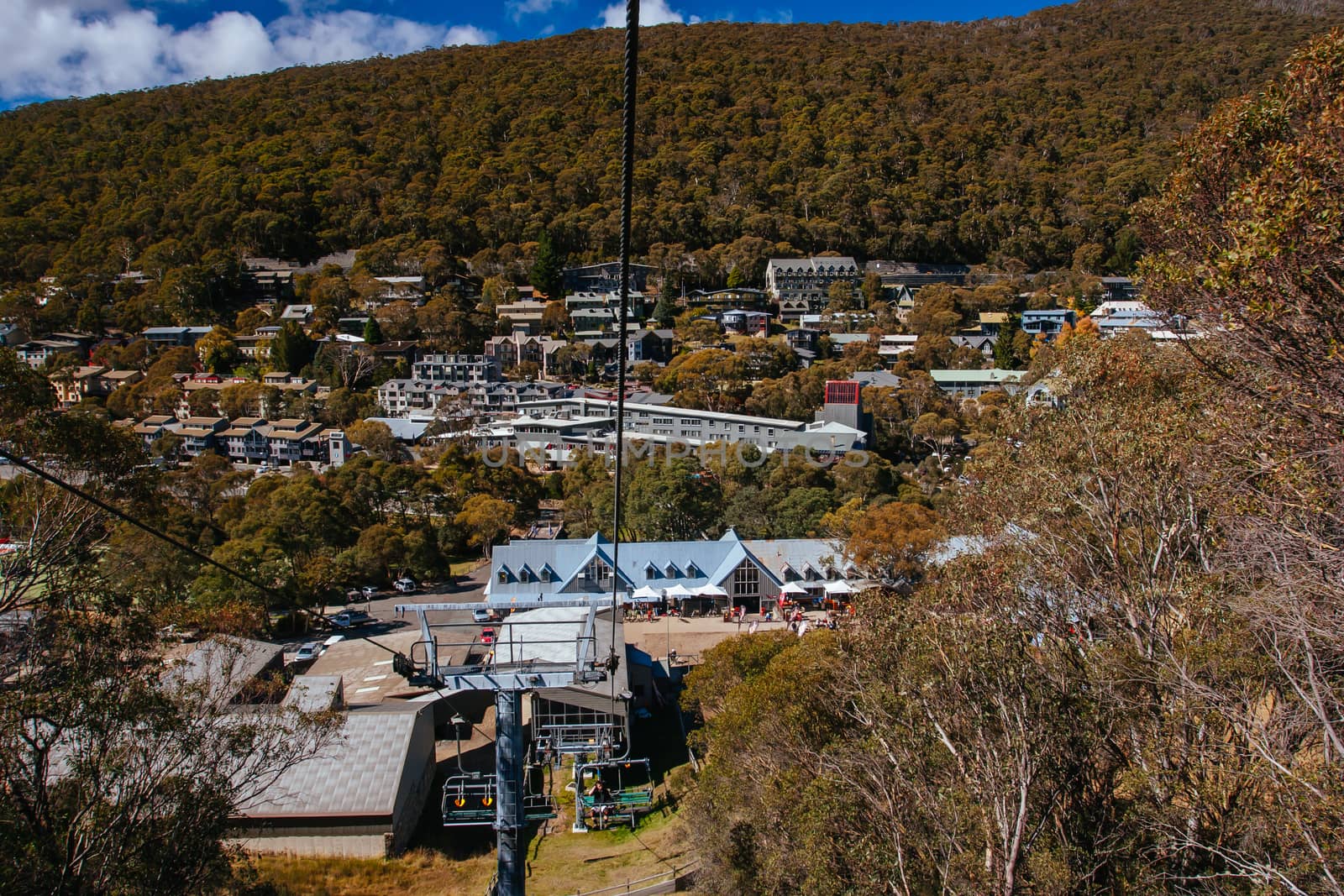Thredbo, Australia - April 10, 2015: A view across Thredbo ski resort on a clear day in autumn in the Snowy Mountains, New South Wales, Australia
