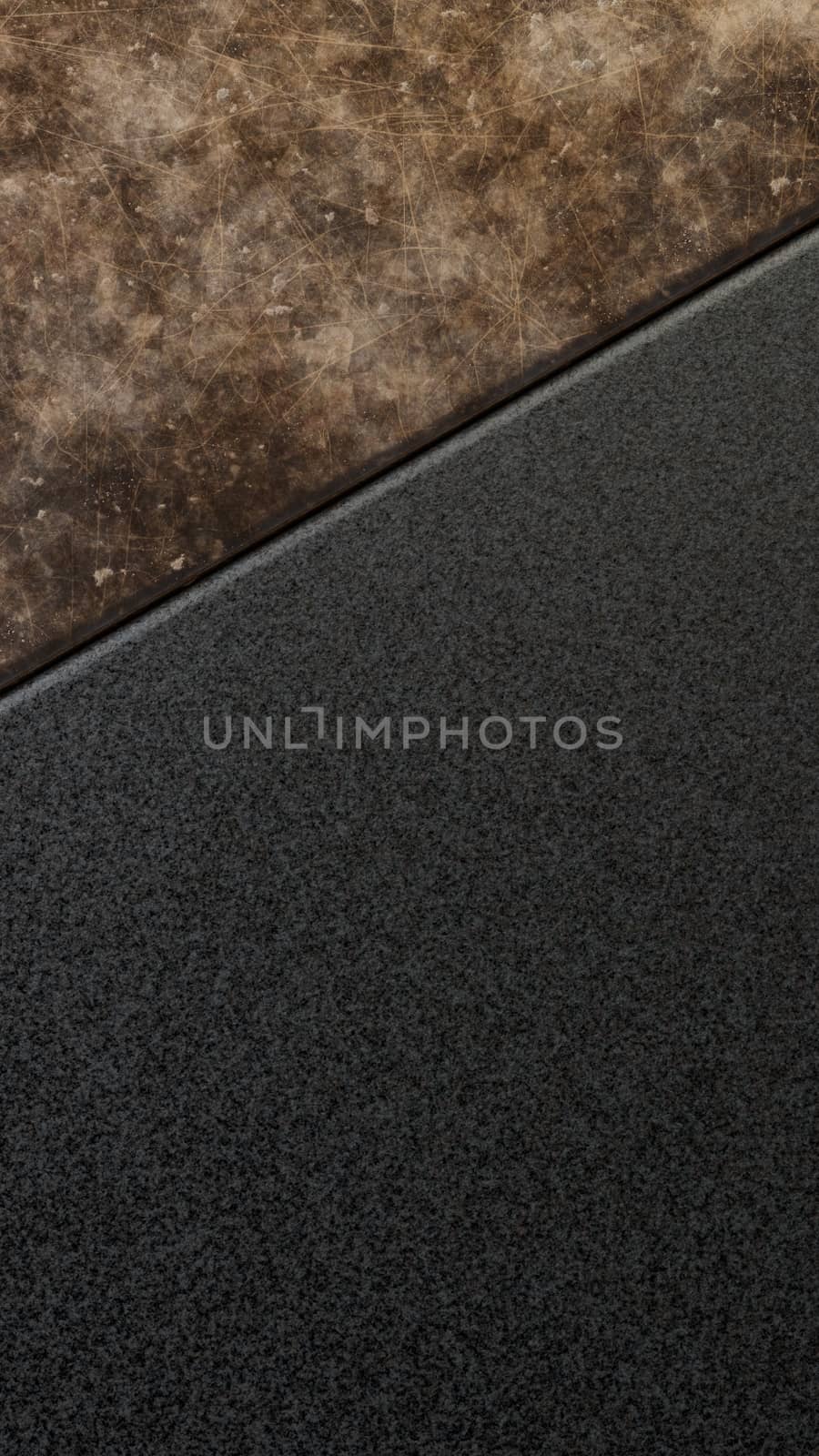 Beautiful abstract background for instagram stories or post. Rusty scratched metal and black granite arranged diagonally. Empty mockup for fashion, cosmetics, cosmetology or food product presentation.