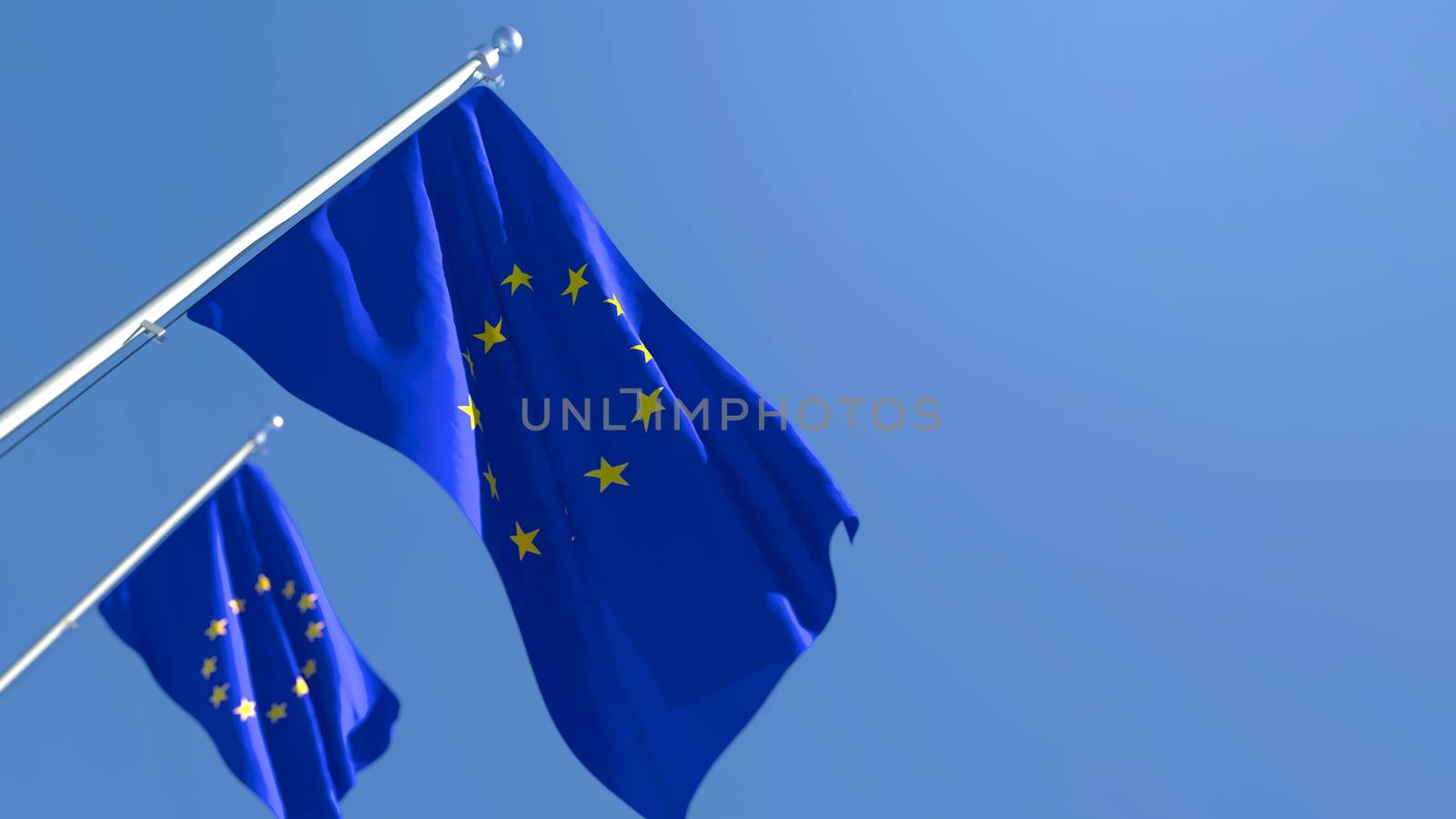 3D rendering of the flag of European Union waving in the wind against a blue sky
