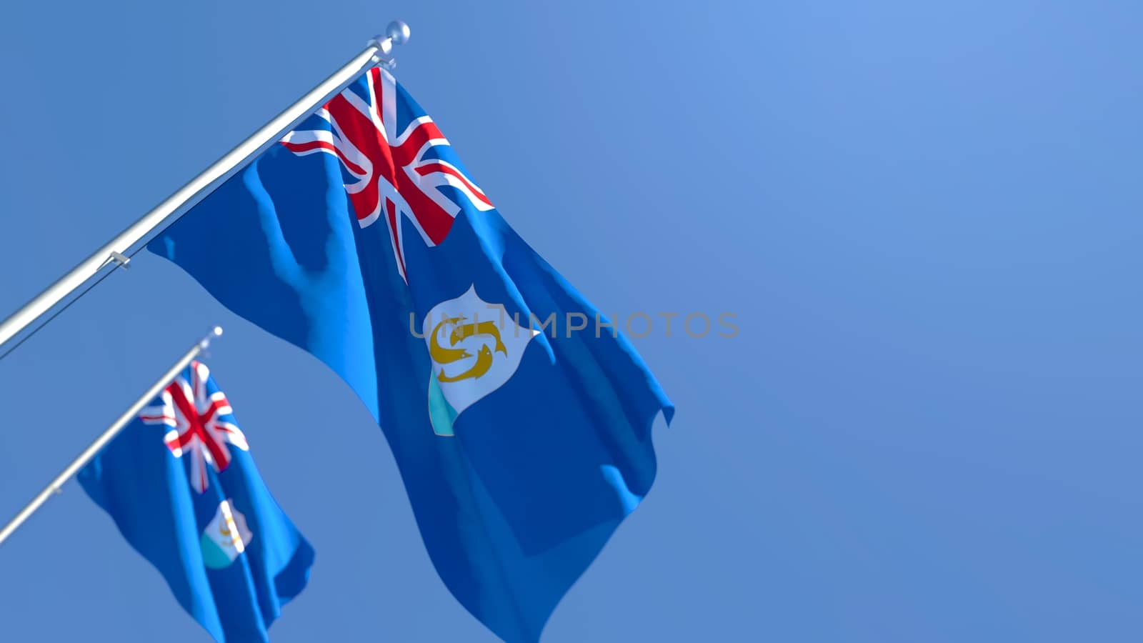 3D rendering of the national flag of Anguilla waving in the wind against a blue sky