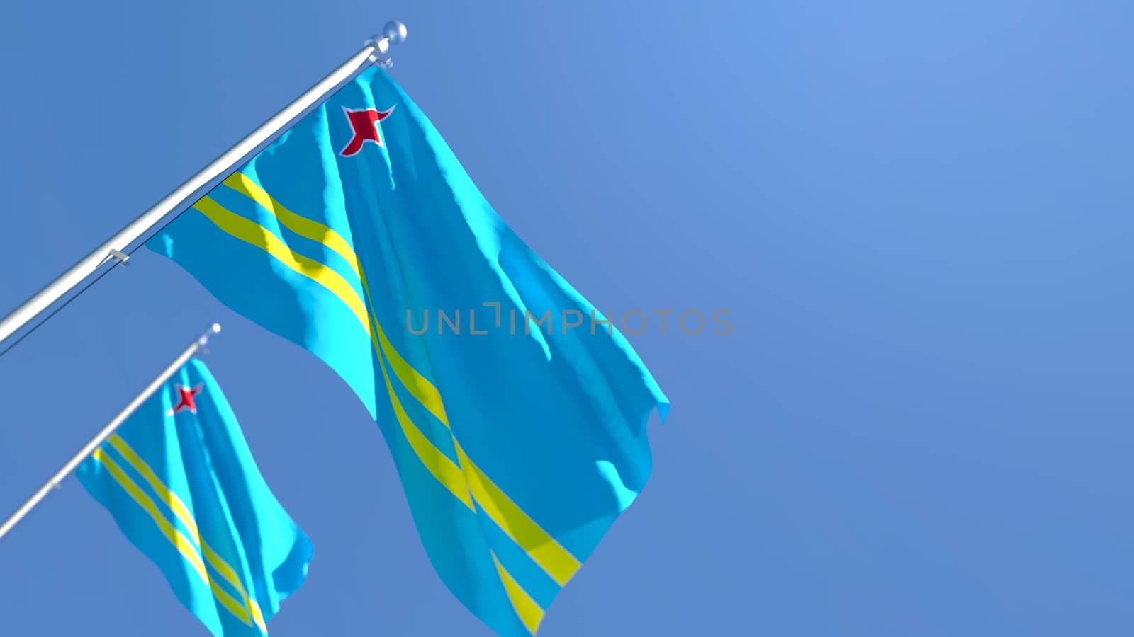 3D rendering of the national flag of Aruba waving in the wind against a blue sky