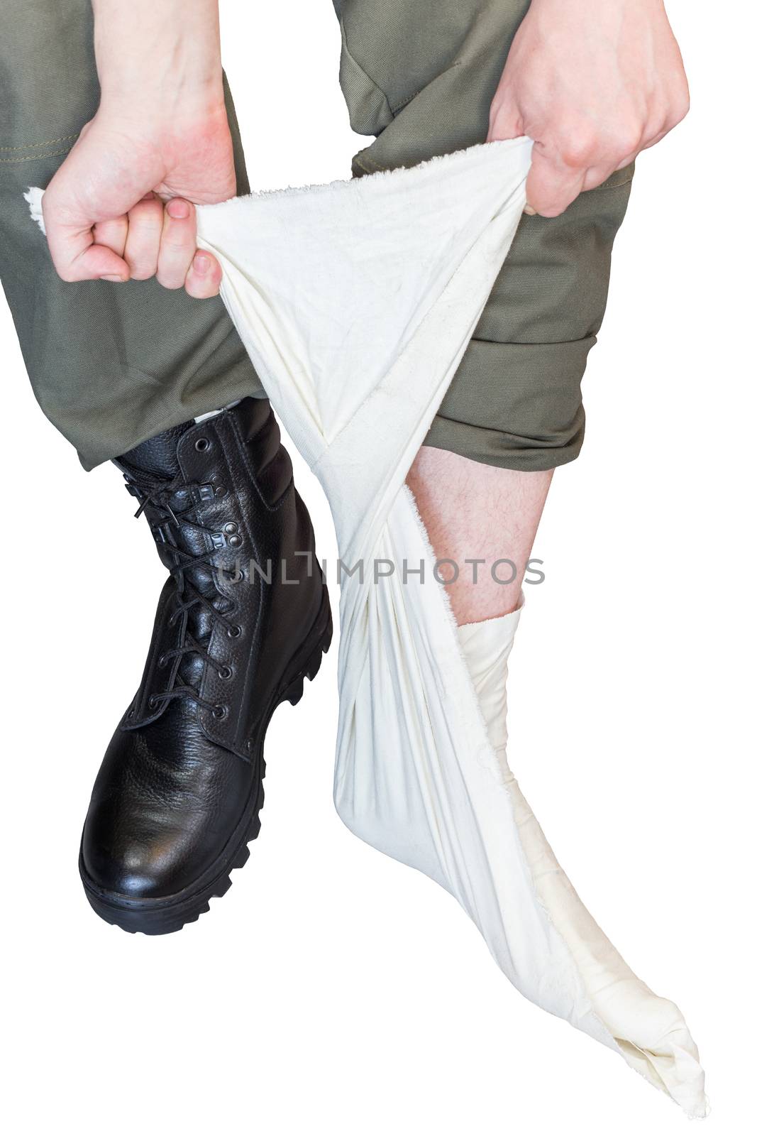 Wearing foot wraps with military black boots and army khaki pants