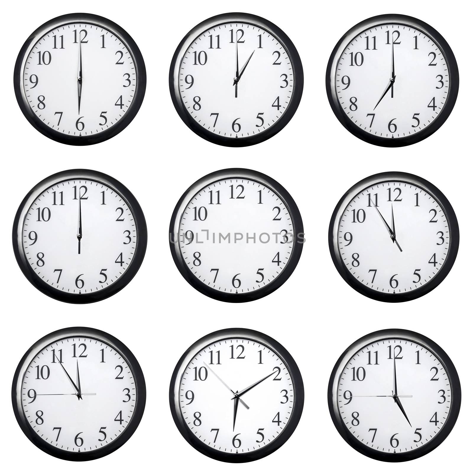 Set of black watch dials with arrows showing different times, isolated on a white background.