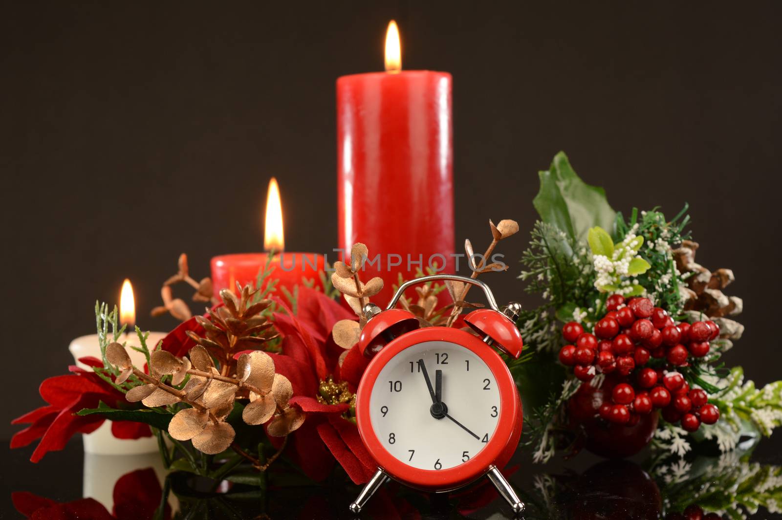 A festive scene with an alarm clock for the Christmas season.