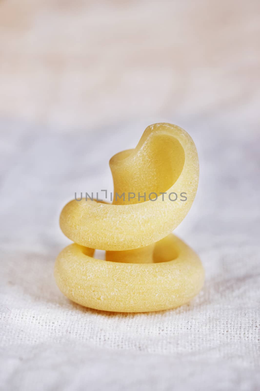 Italian pasta trottole on a white cloth , beautiful spiral shape 