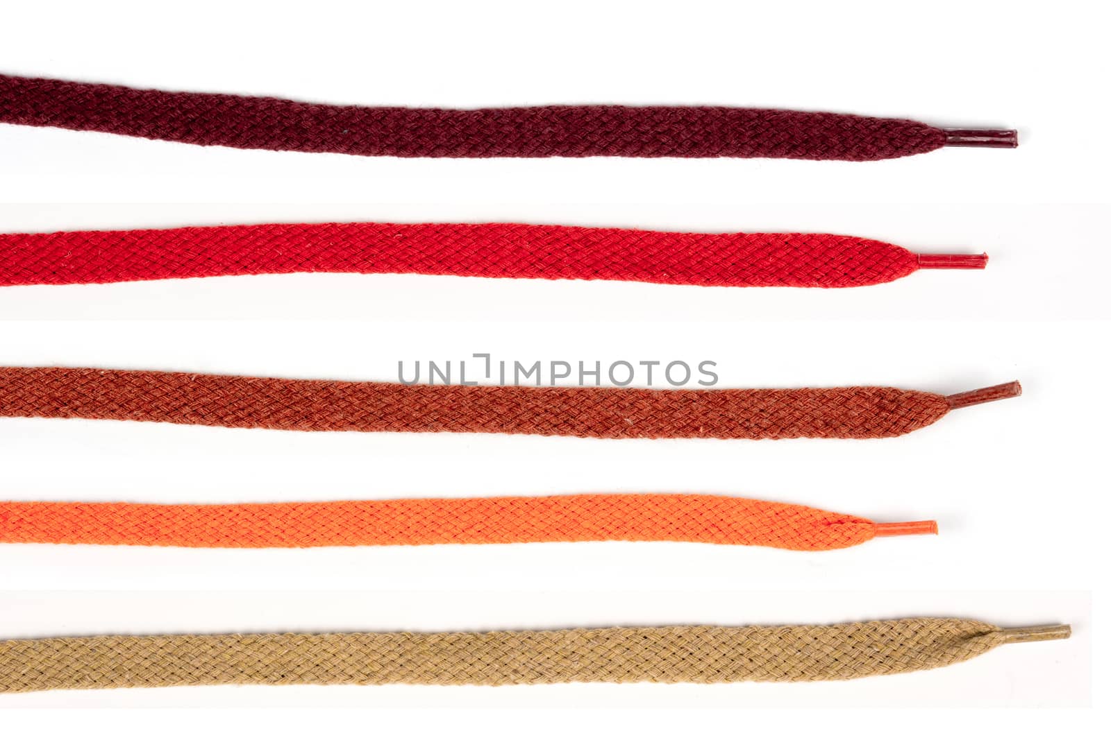 Collection of colored cotton laces for shoes with tip on white background