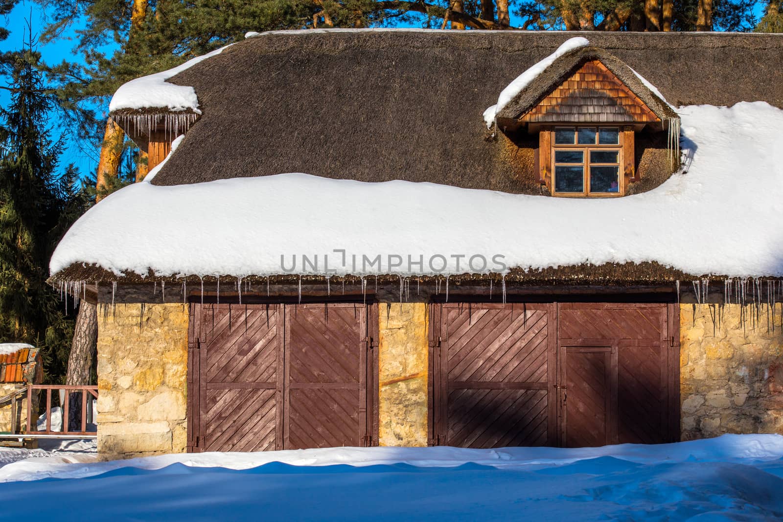 Spring barn with straw roof and mansard.