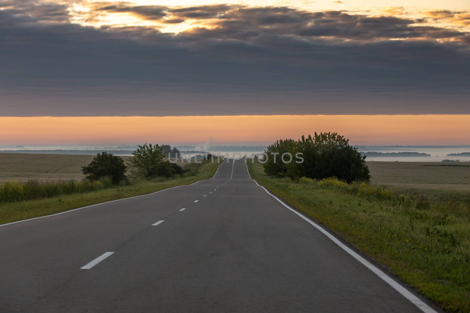 Open straight road at foggy morning flatland with muted colors
