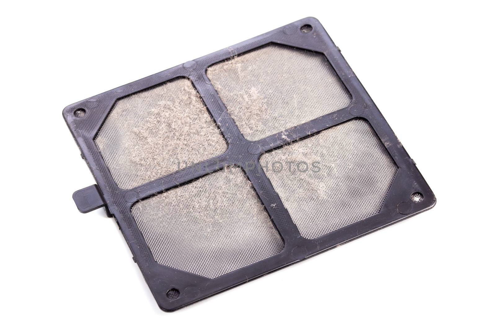 square flat plastic pc dust filter filled with dust isolated on white background with selective focus
