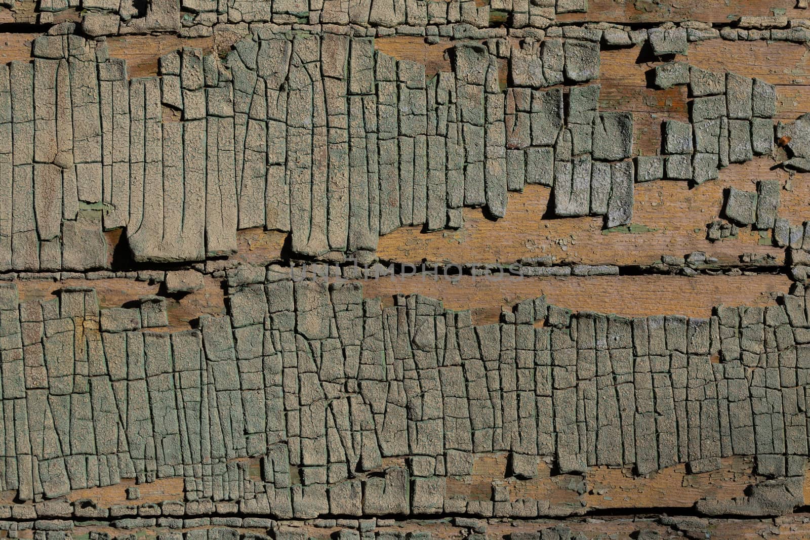Closeup shot of peeling faded green paint on horizontal wooden planks under direct sunlight