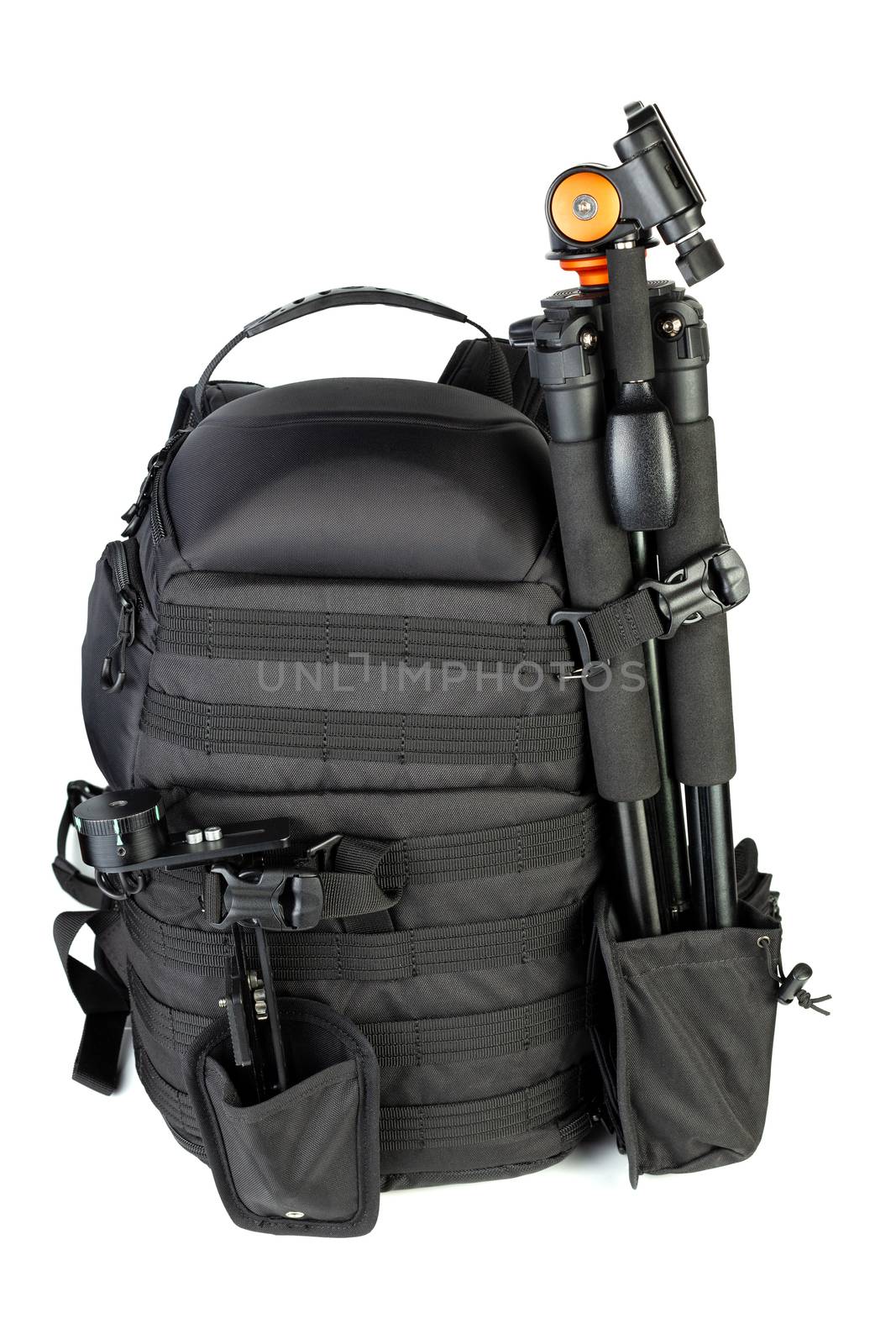 Black professional tactical molle black photo backpack with tripod and panoramic head isolated on white background.