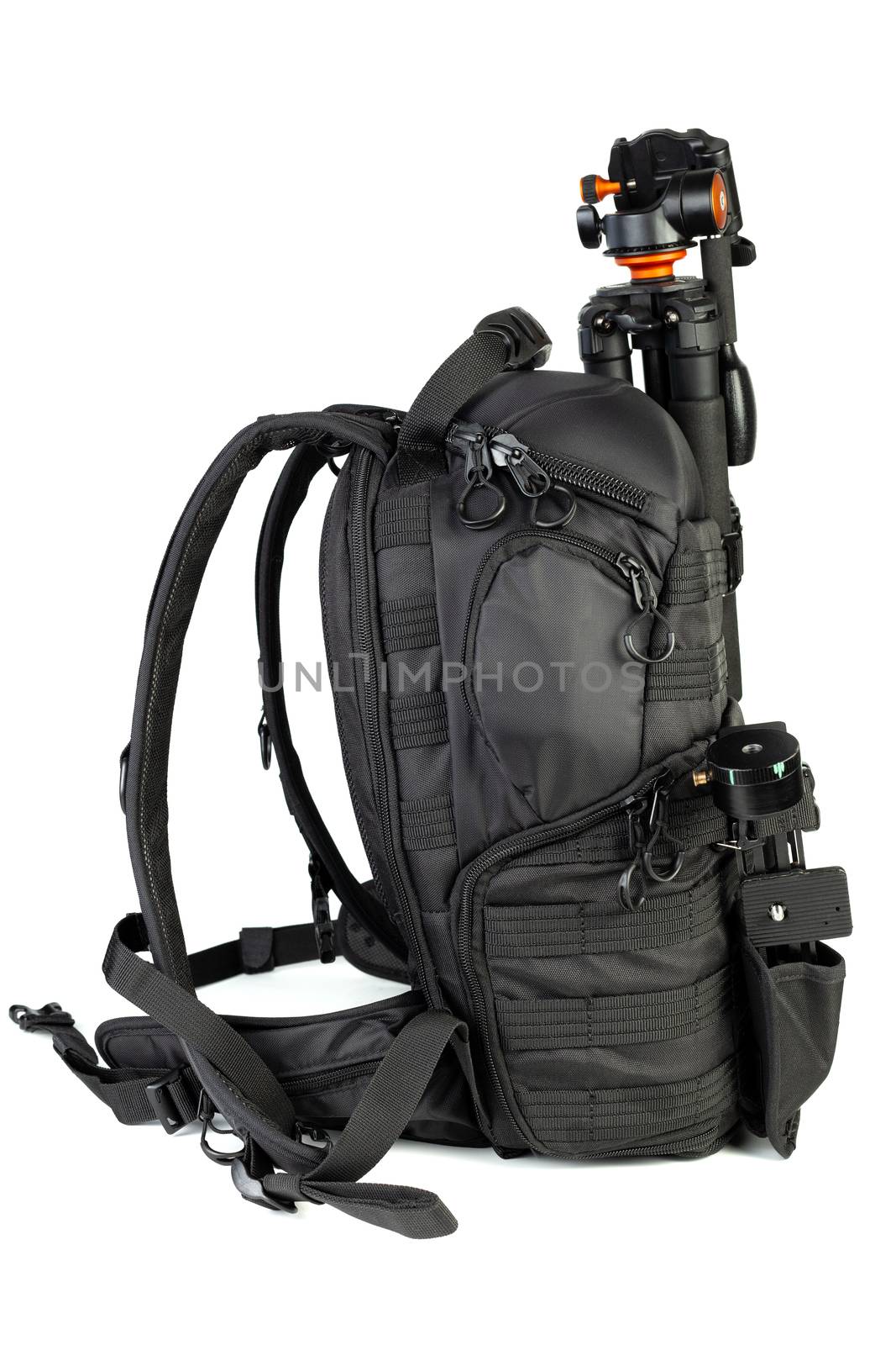 Black professional tactical molle black photo backpack with tripod and panoramic head isolated on white background.